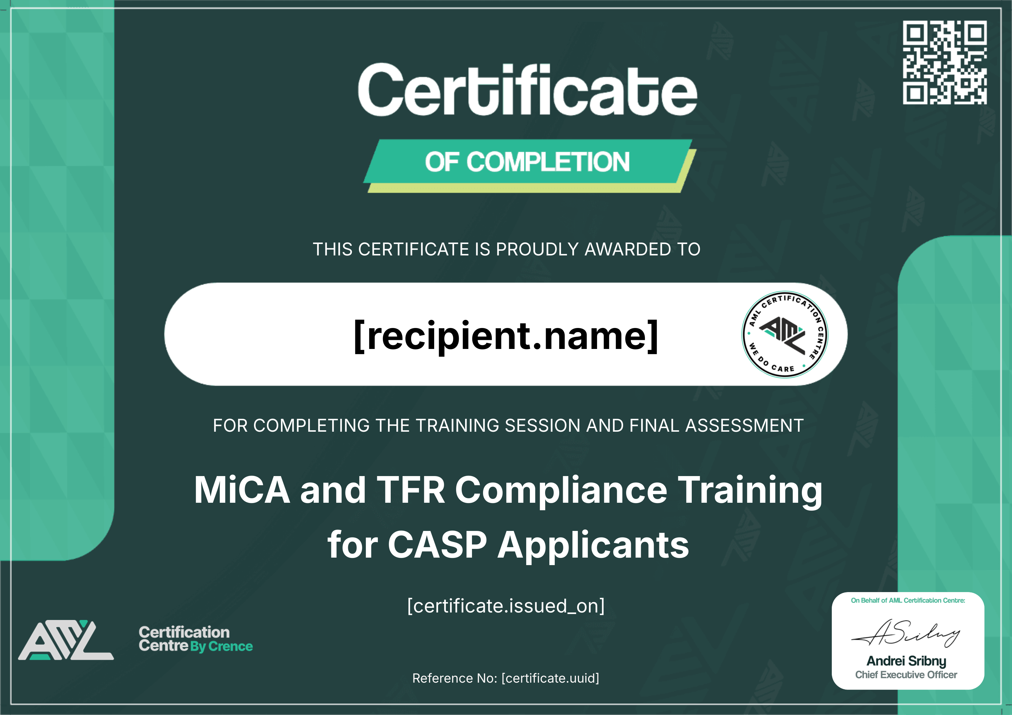 MiCA and AML Compliance Training for CASP Applicants certificate