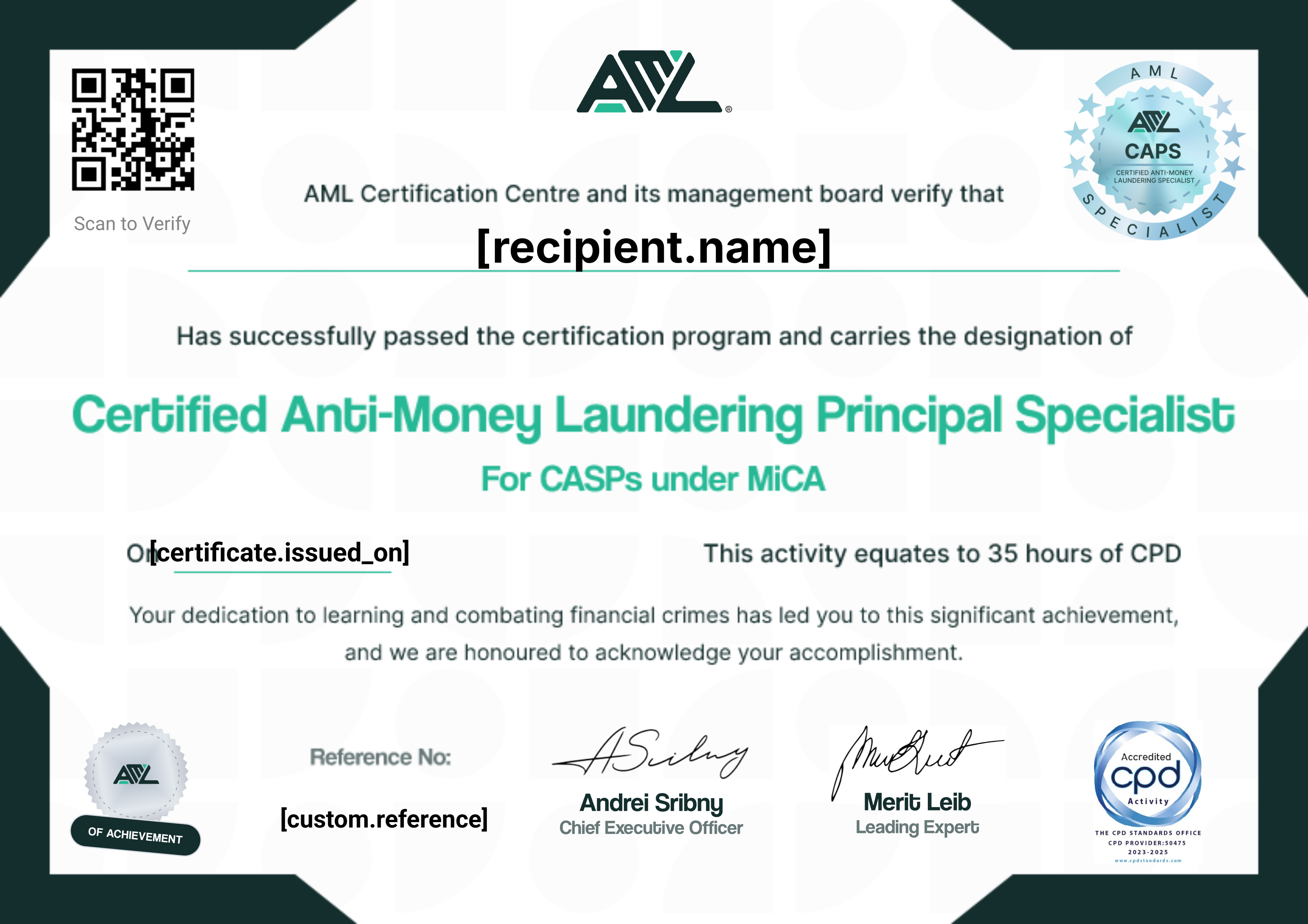 Certified AML Principal Specialist for CASPs under MiCA certificate