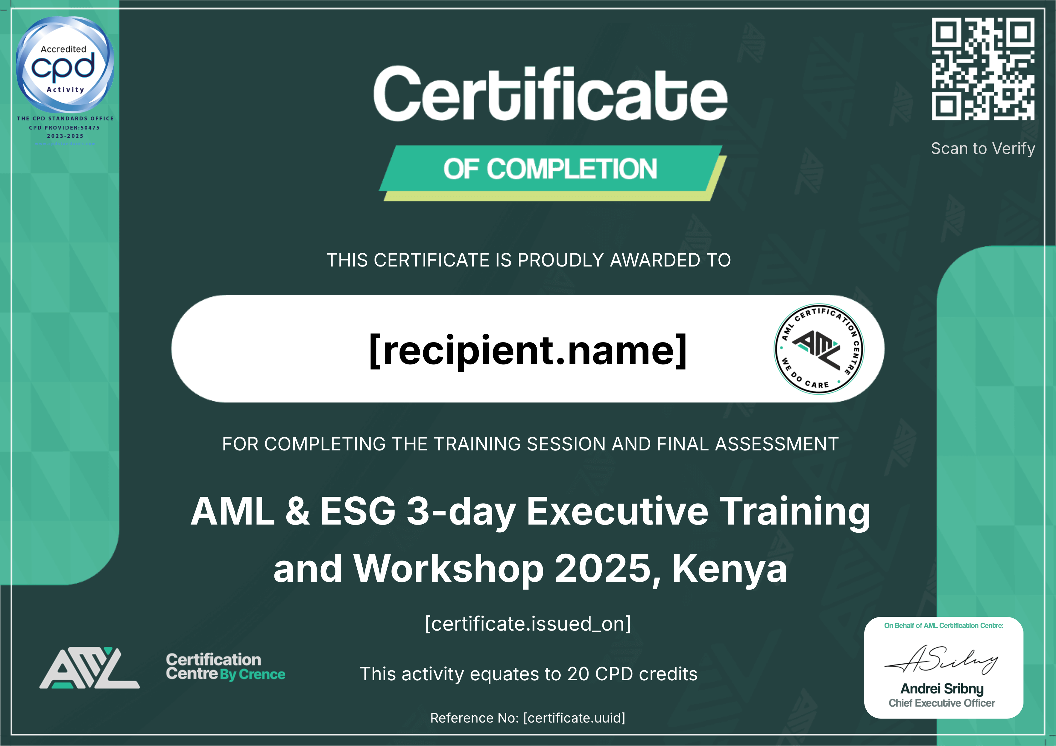 AML & ESG 3-day Executive Training and Workshop 2025 certificate