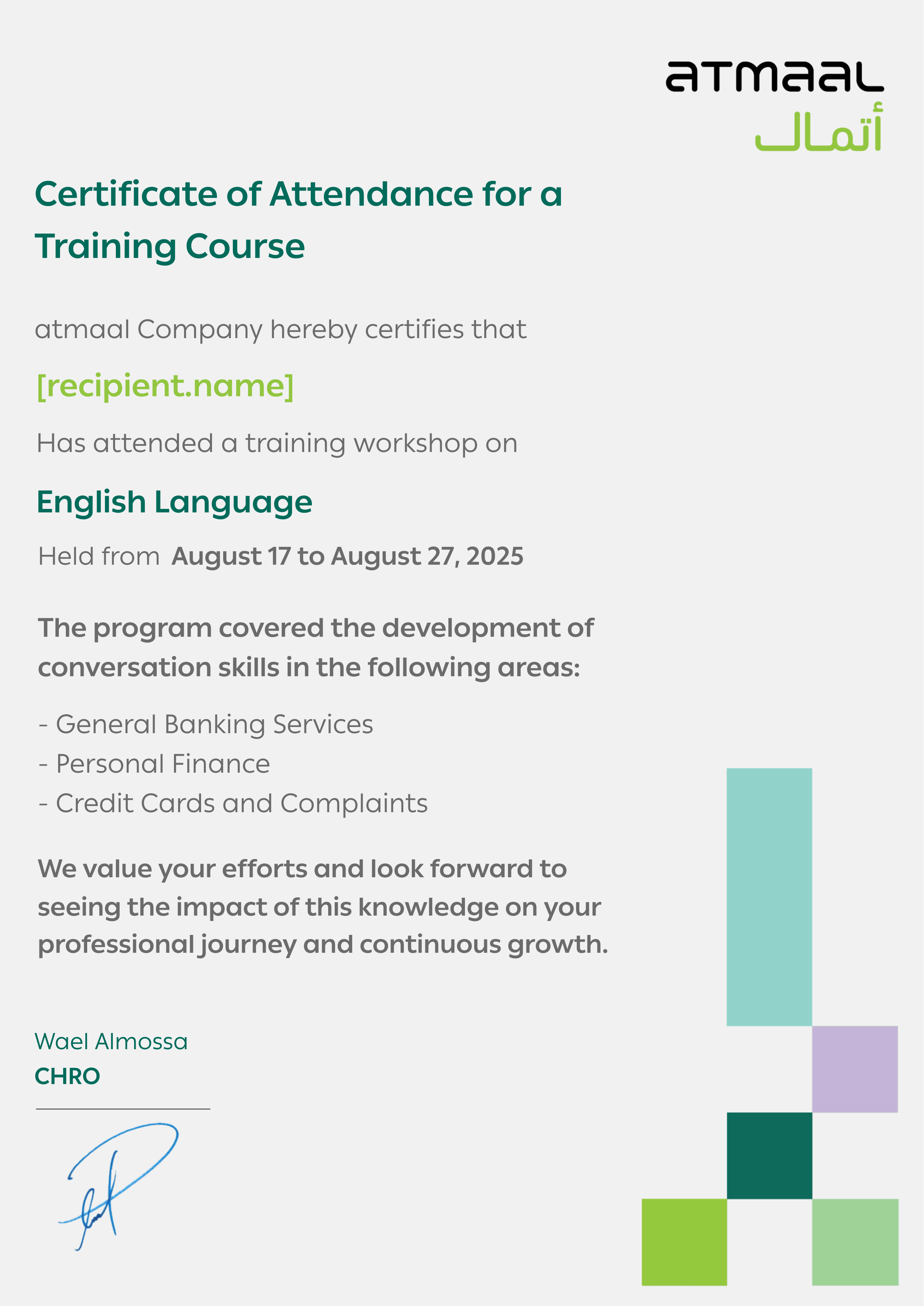 Certificate of Attendance for a Training Course certificate