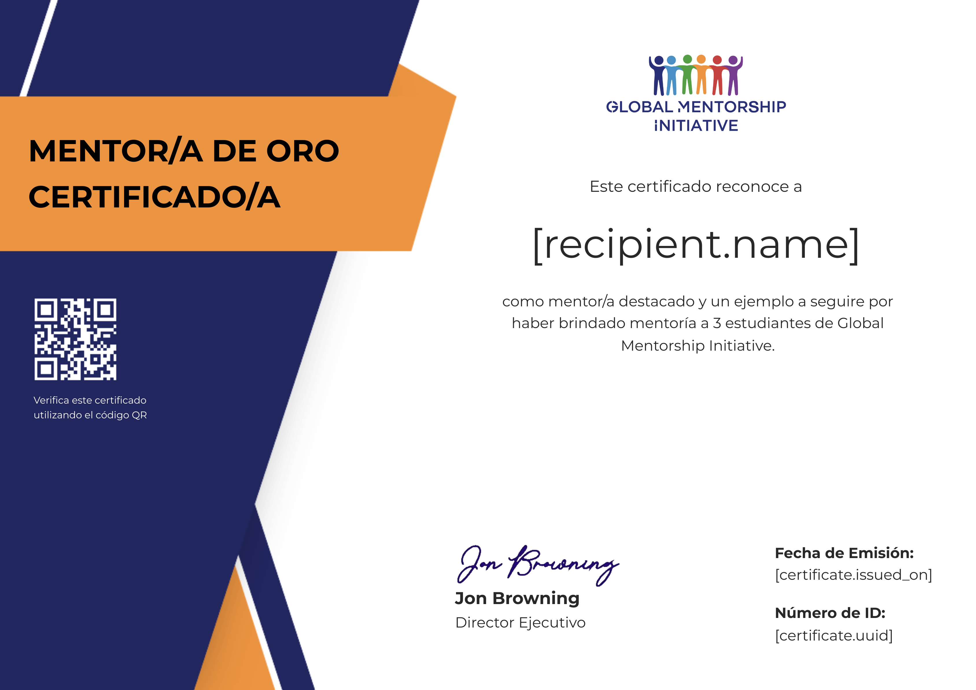 Gold (3) Mentor Spanish Program certificate