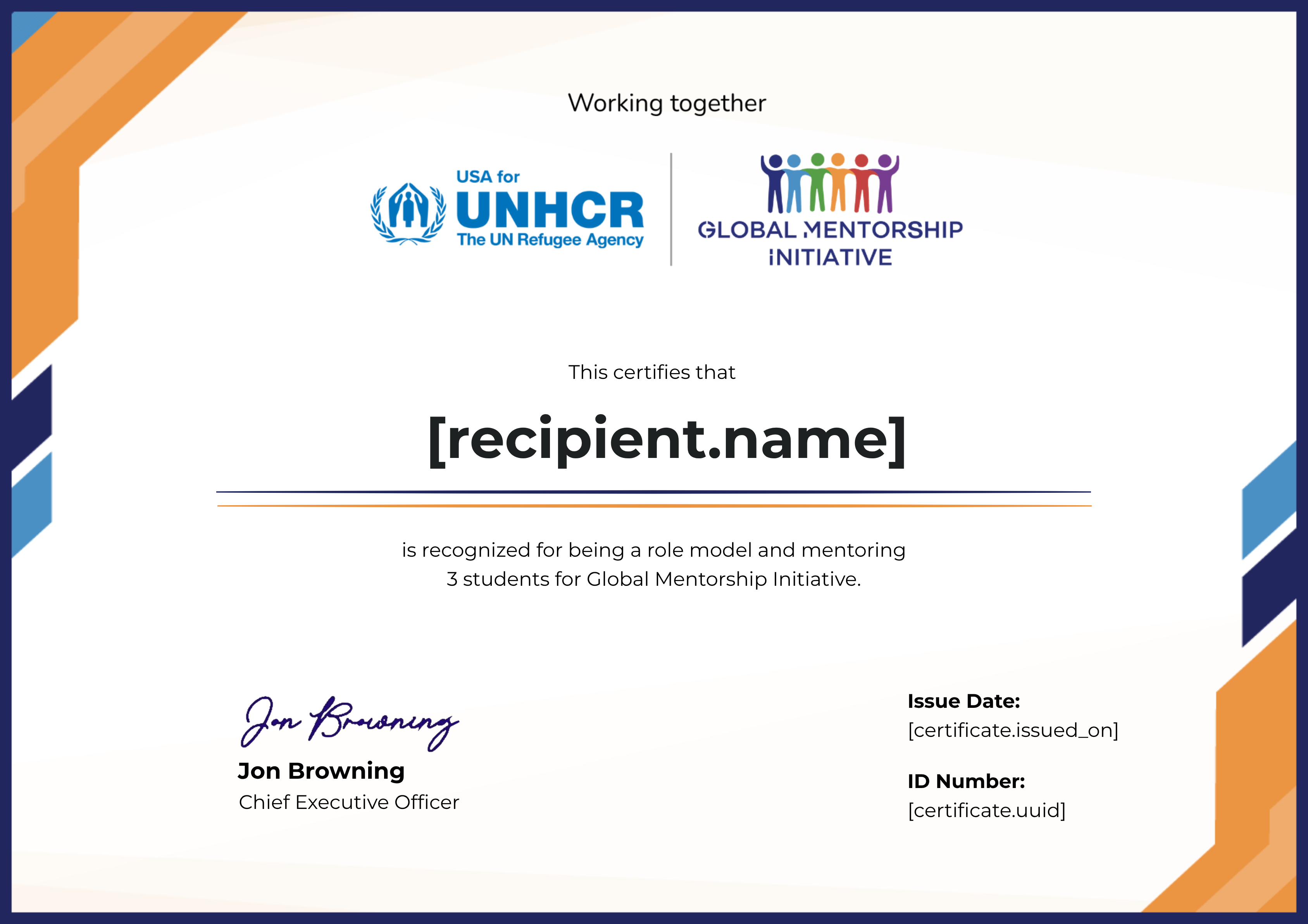 UNHCR Gold mentor certificate