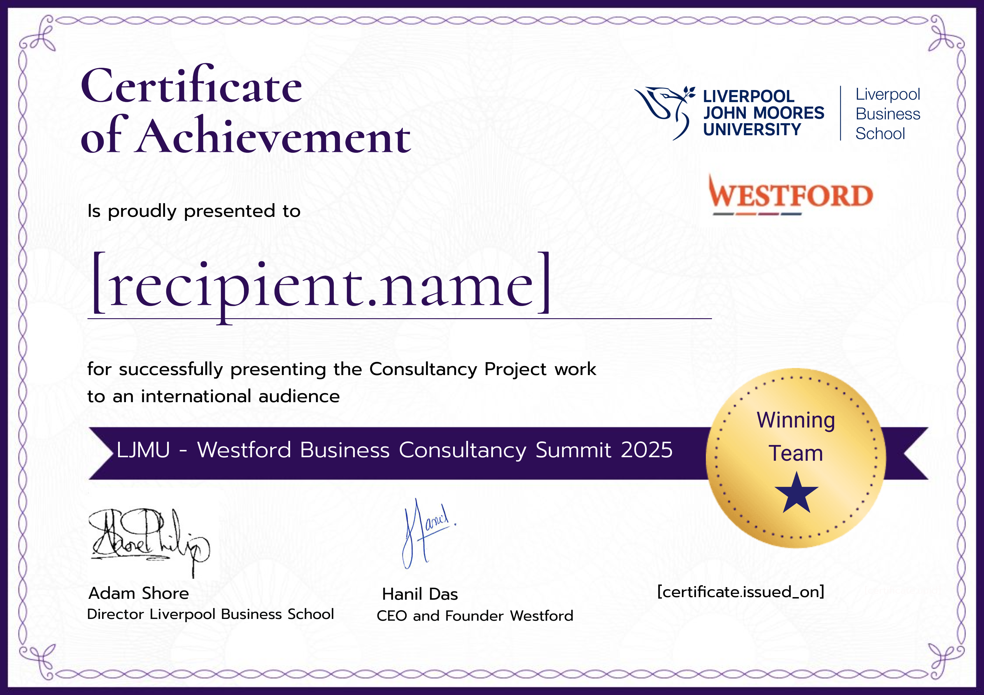 LJMU - Westford Business Consultancy Summit 2025 - Winning Team certificate