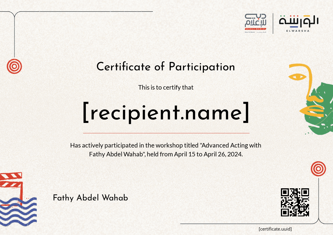 Advanced Acting with Fathy Abdel Wahab certificate