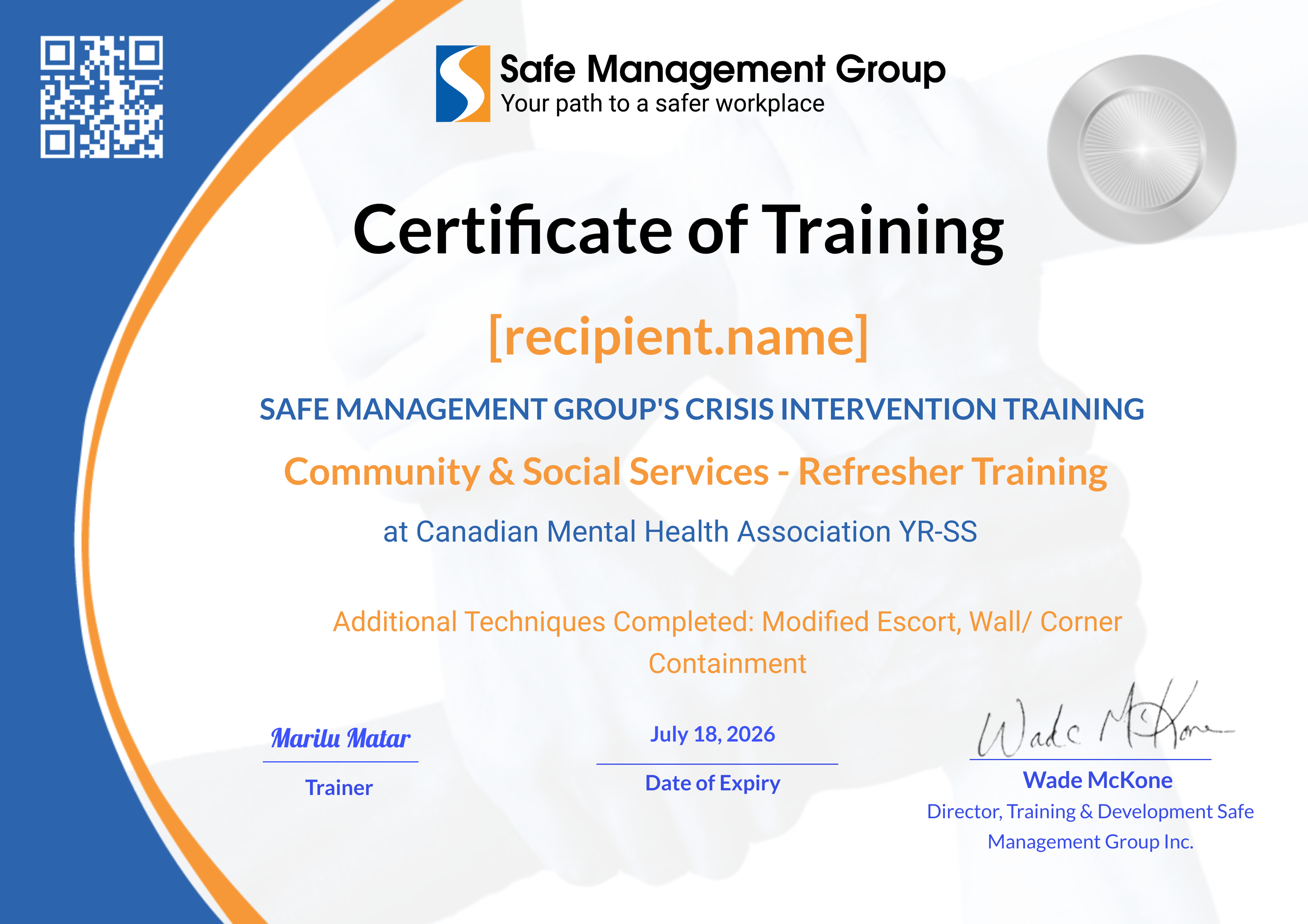 CMHA YR - Refresher Training certificate