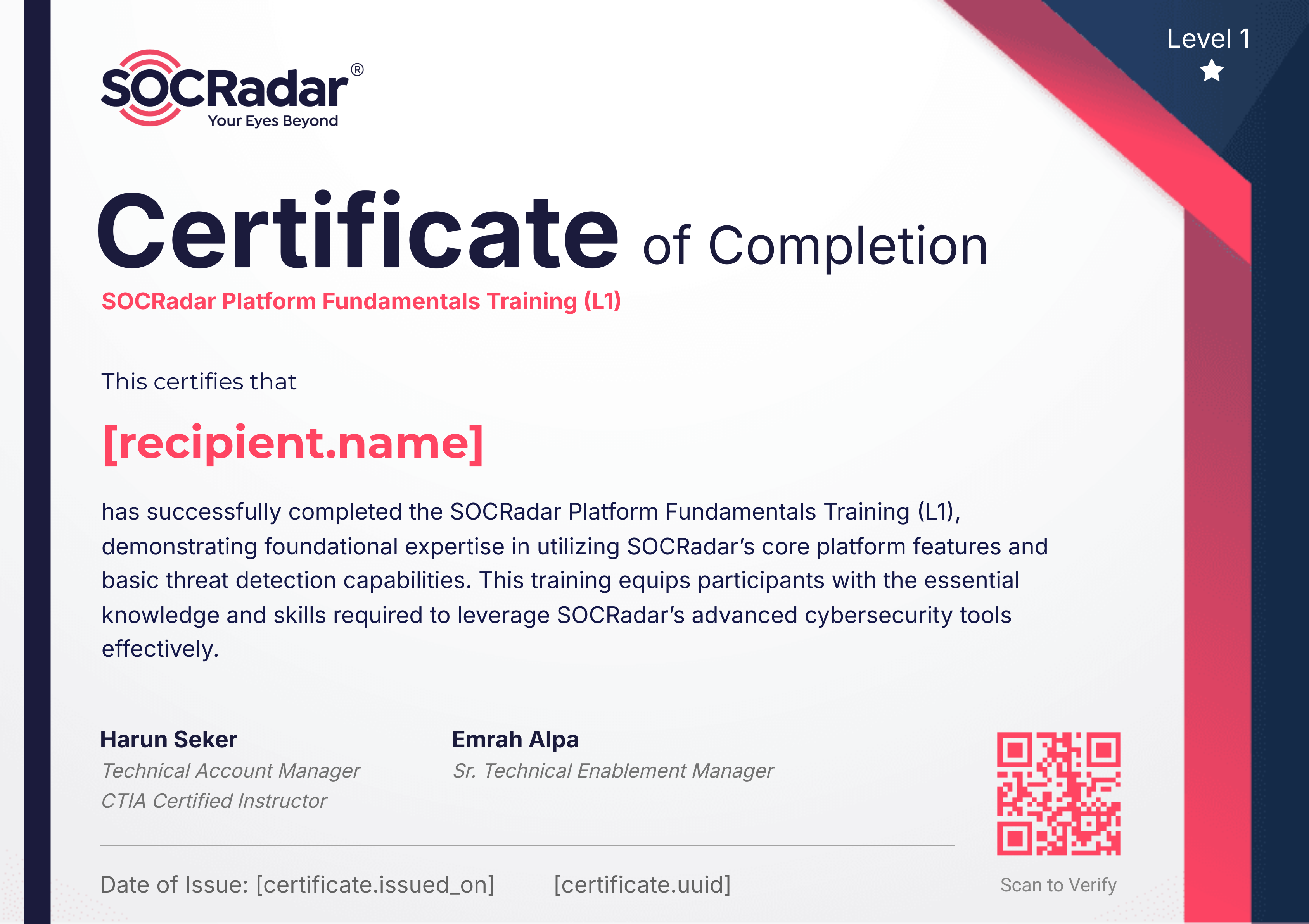 SOCRadar Platform Fundamentals Training (L1) certificate