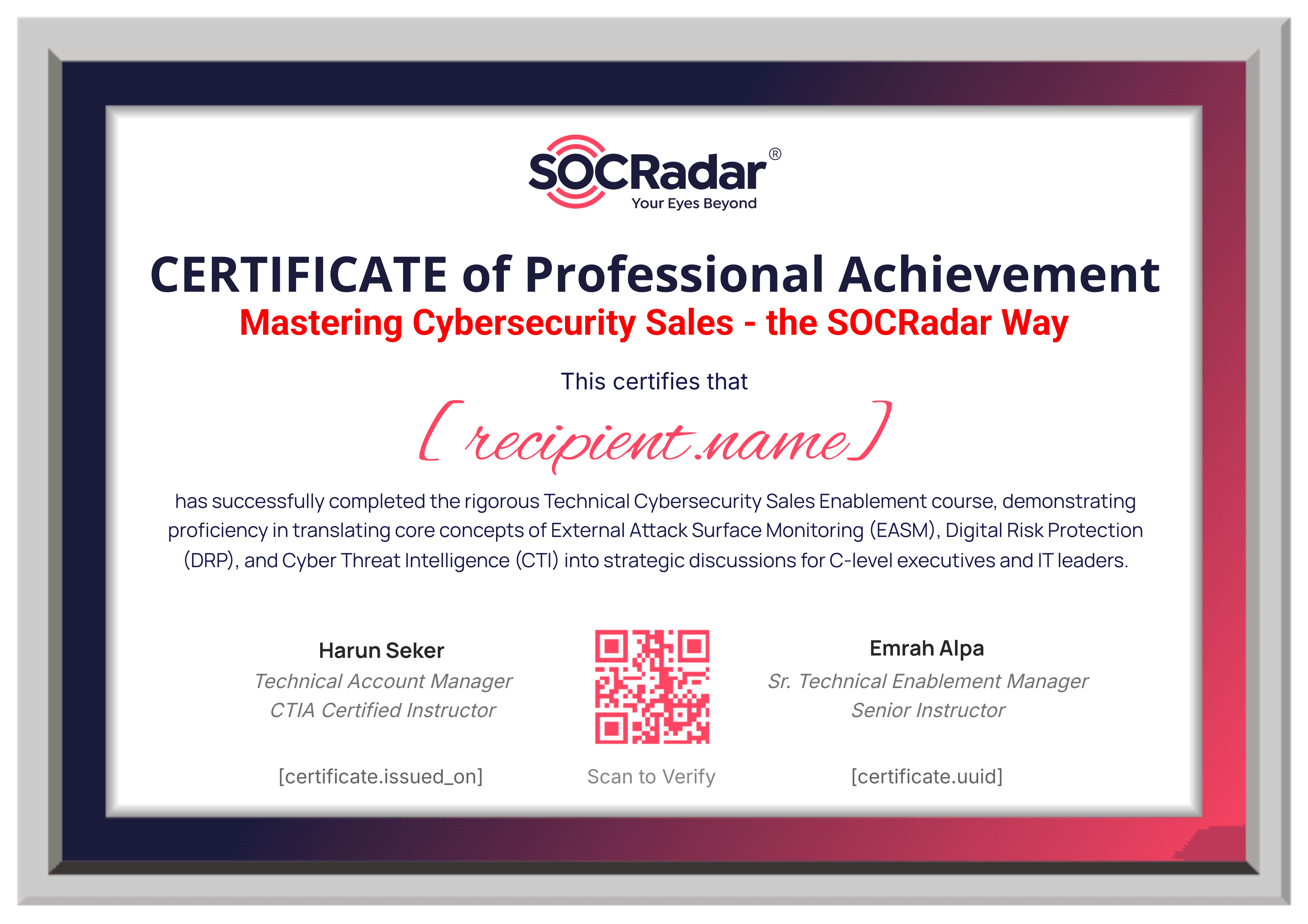 Mastering Cybersecurity Sales - the SOCRadar Way certificate