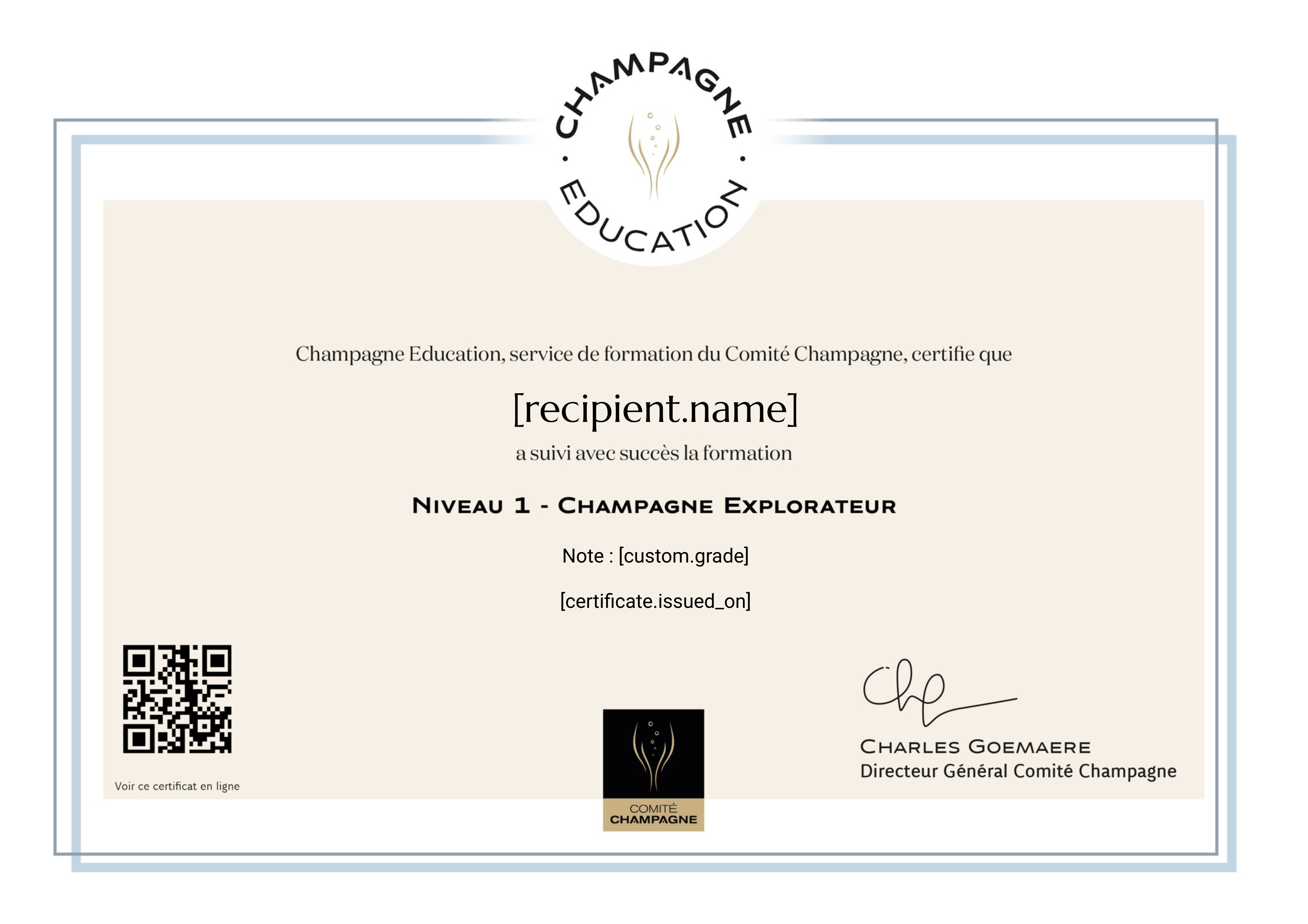 Champagne Education Niveau 1 - Explorateur certificate