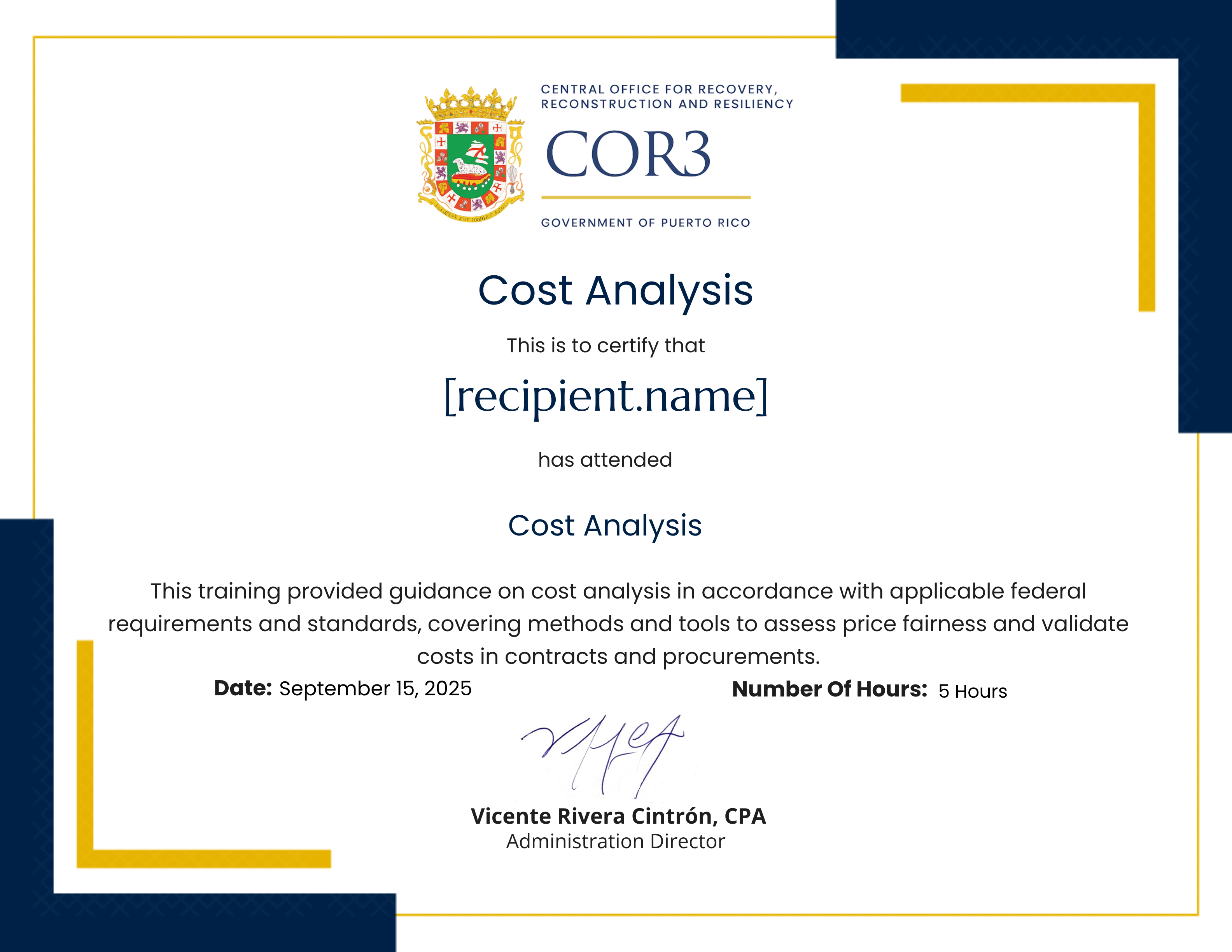 Cost Analysis certificate