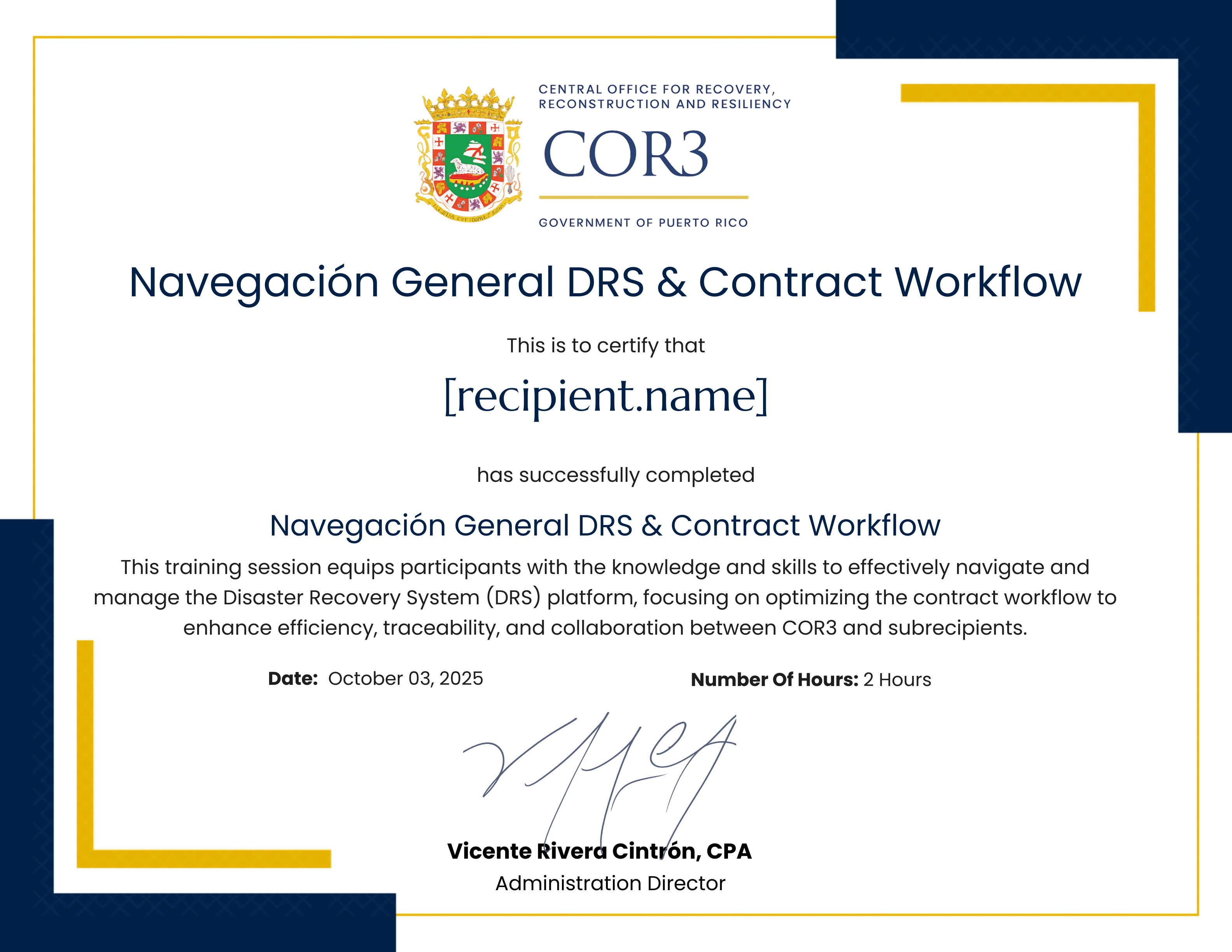 Navegación DRS & Contract Workflow certificate