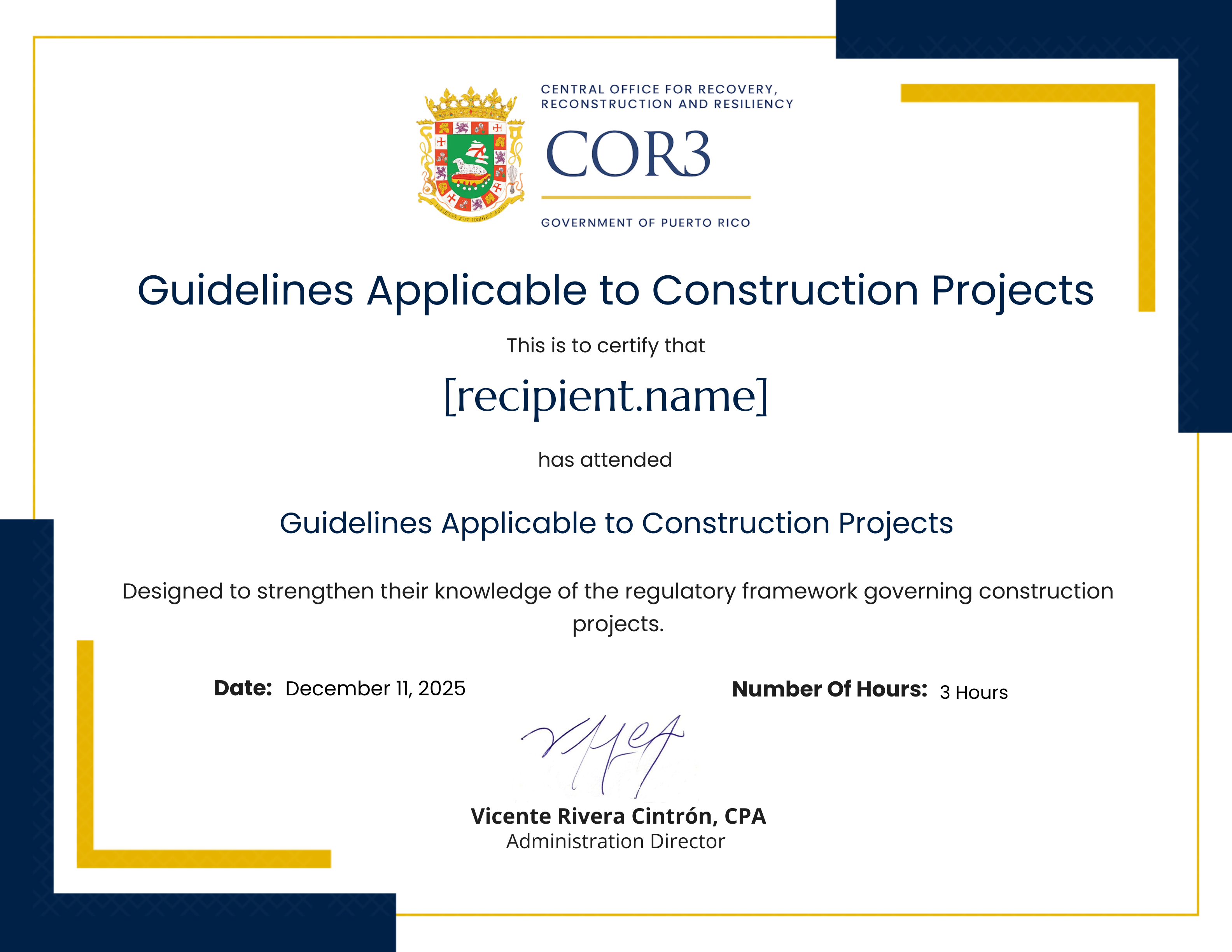 Guías Aplicables a Proyectos de Construcción certificate
