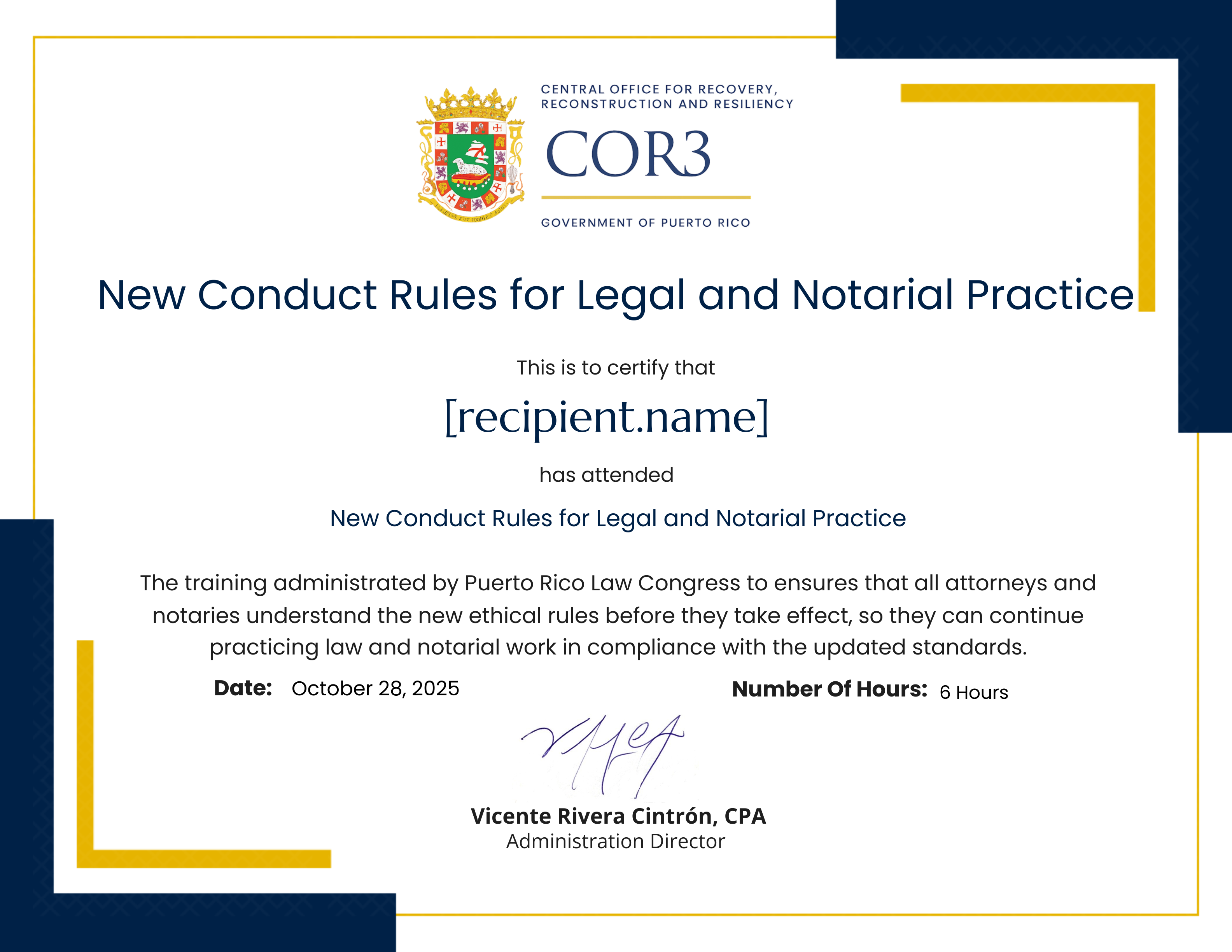 Nuevas Reglas de Conducta Profesional  aplicables a la abogacía y la notaría certificate