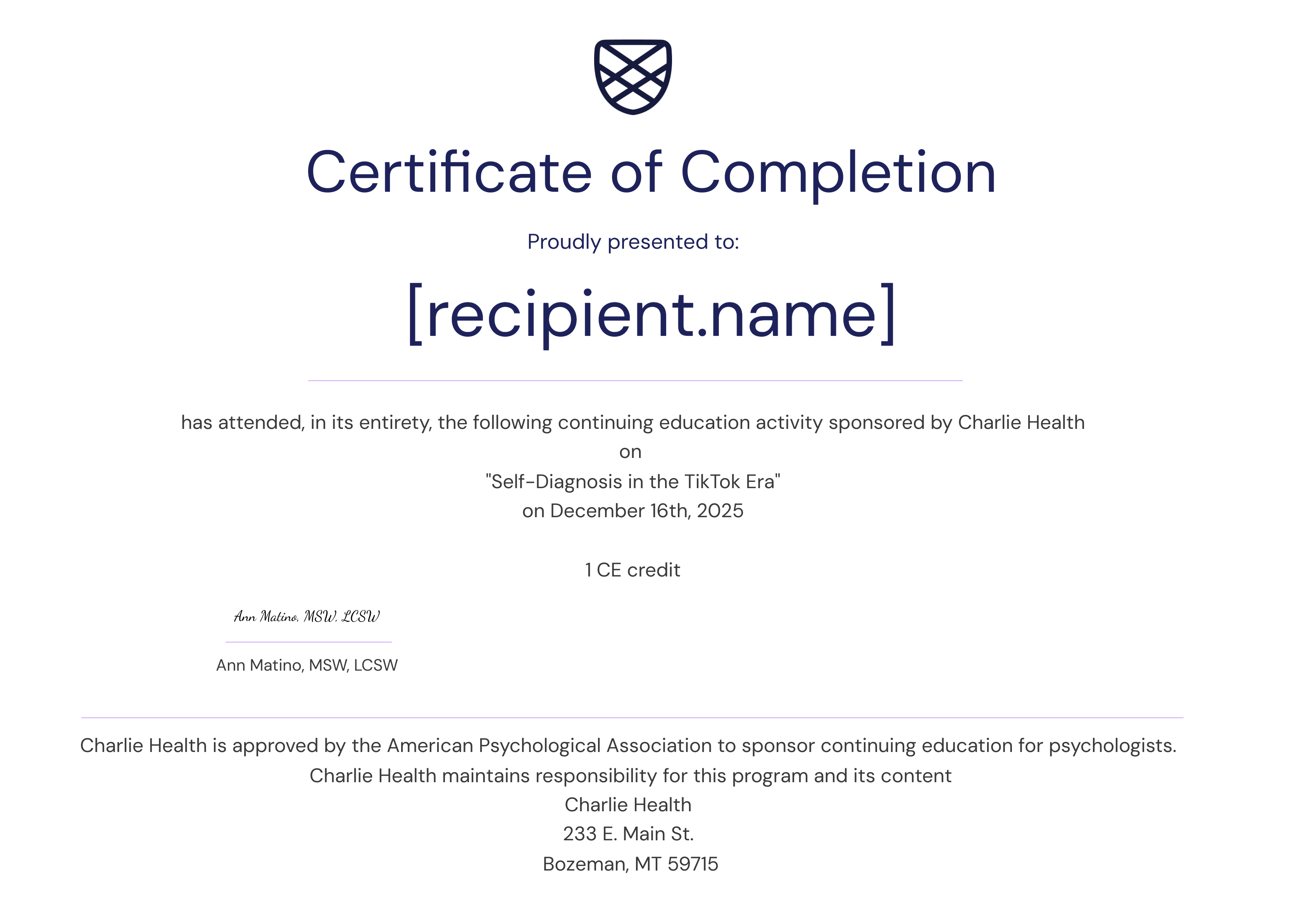 APA Self Diagnosis 12.16.25 certificate