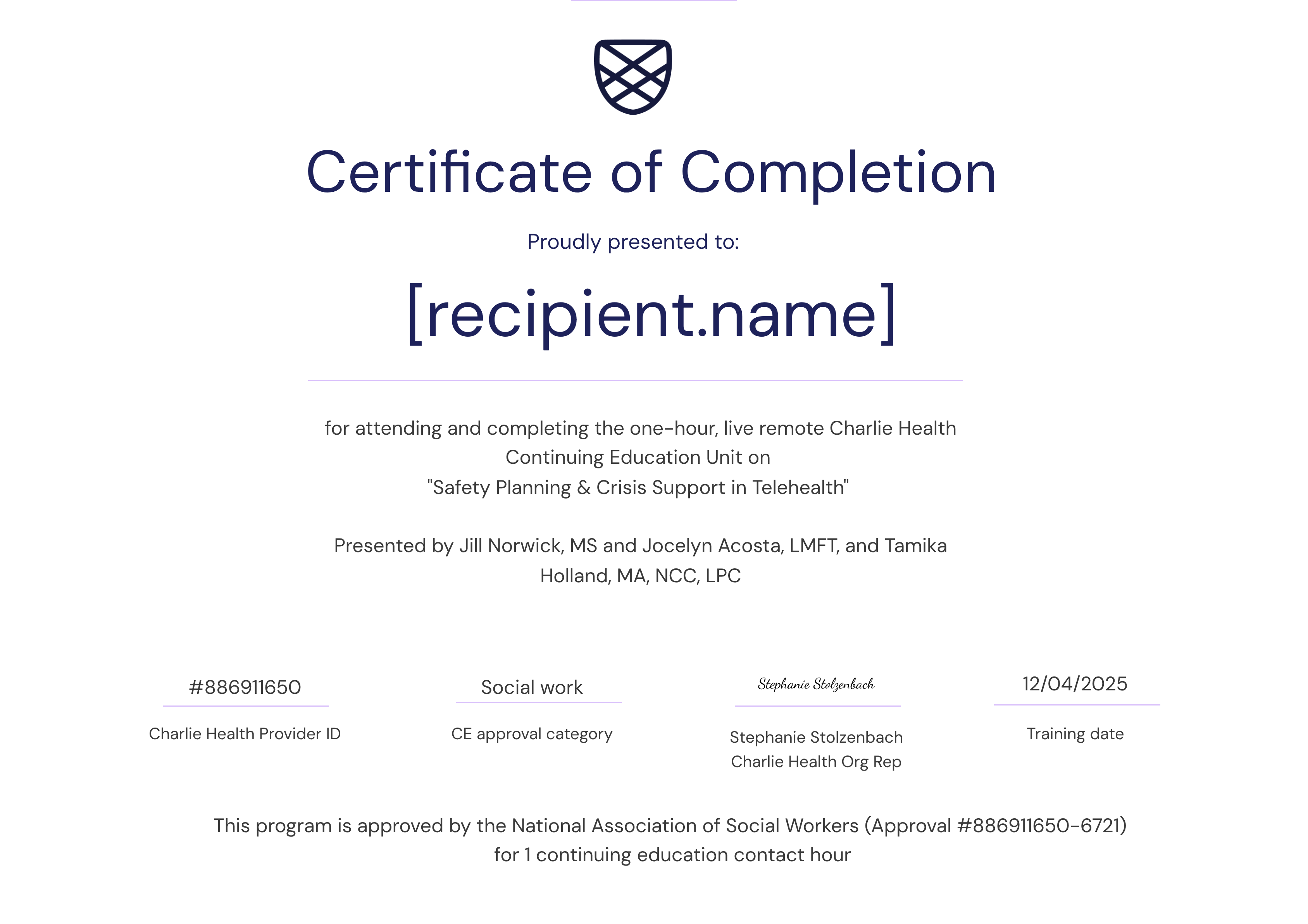 NASW Safety Planning & Crisis Support in Telehealth 12.04.025 certificate