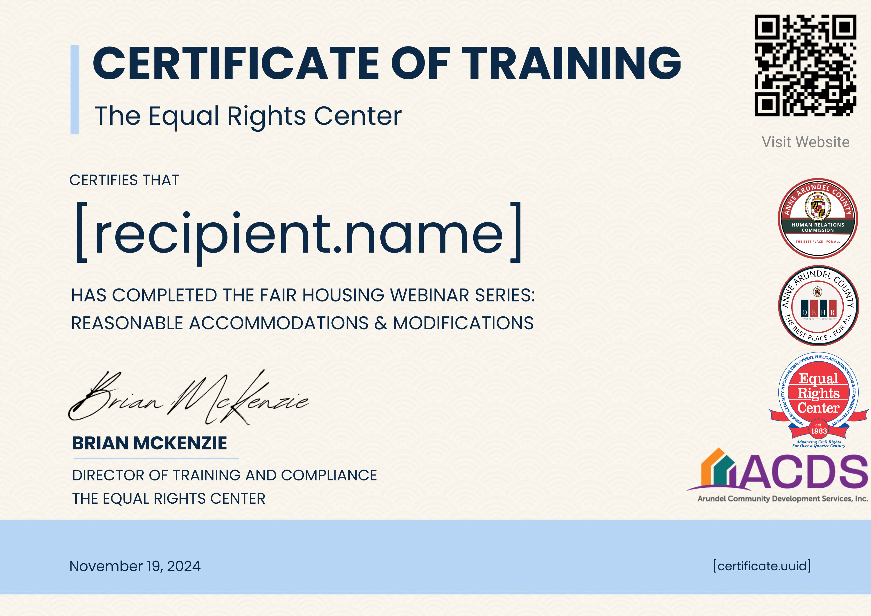 Fair Housing Webinar Series: Reasonable Accommodations & Modifications certificate