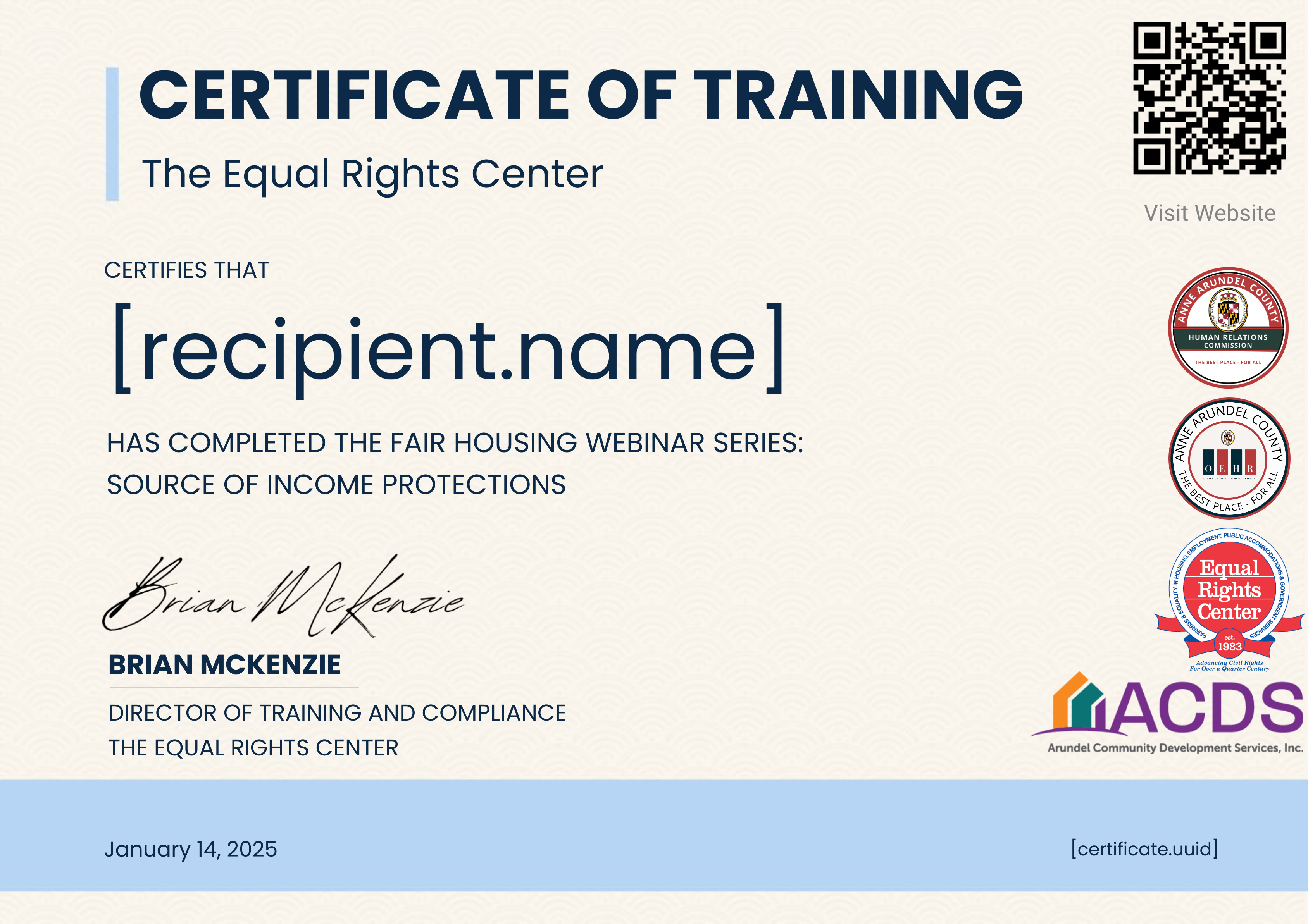 Fair Housing Webinar Series: Source of Income Protections certificate