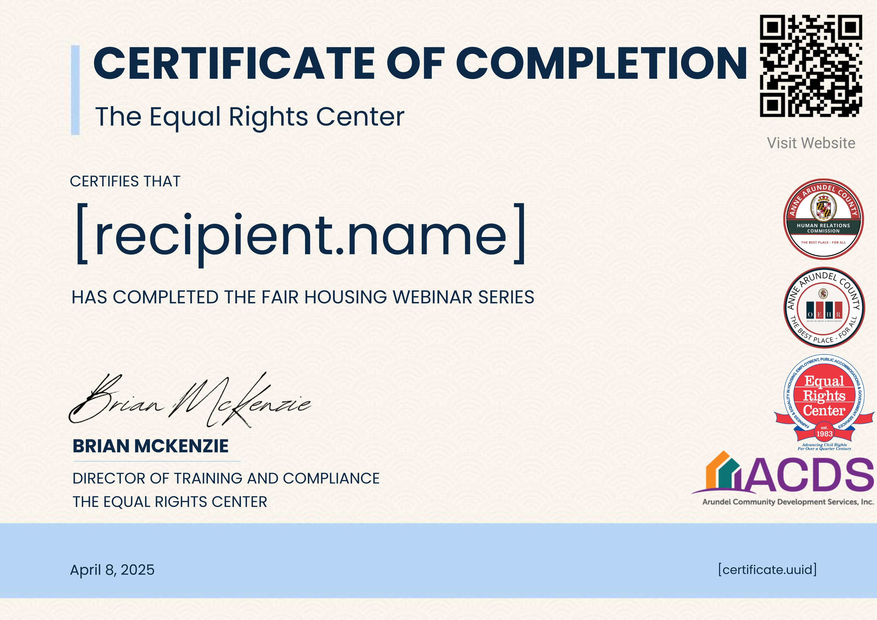 Fair Housing Webinar Series certificate