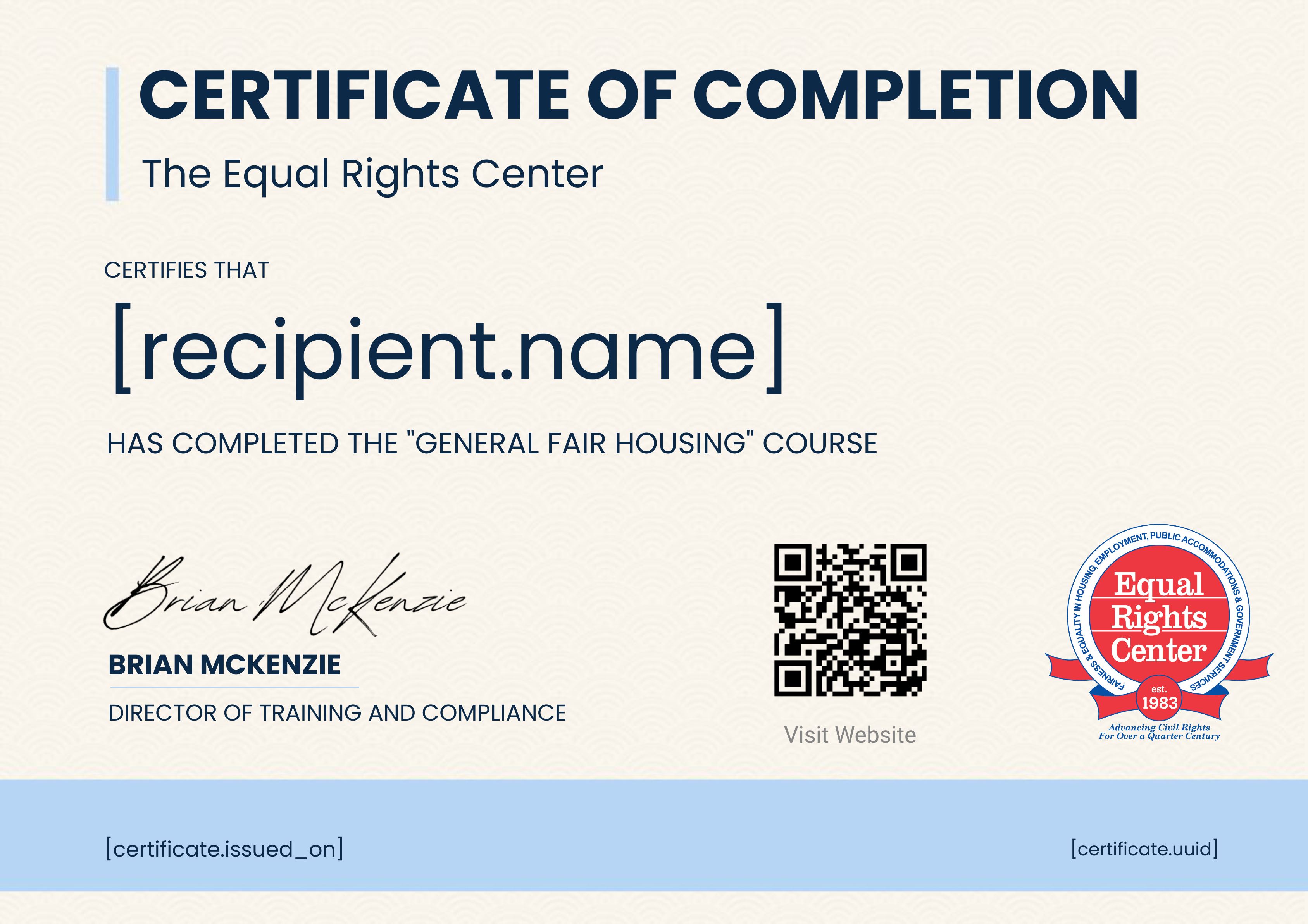 General Fair Housing E-Learning Course certificate