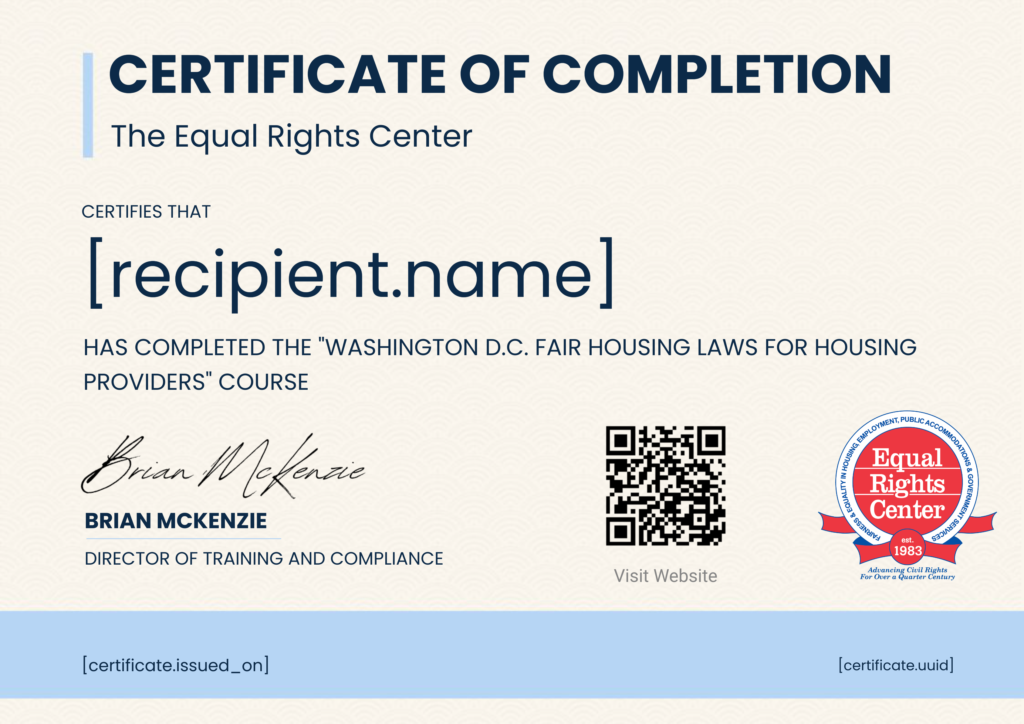 Washington D.C. Fair Housing Laws for Housing Providers E-Learning Course certificate