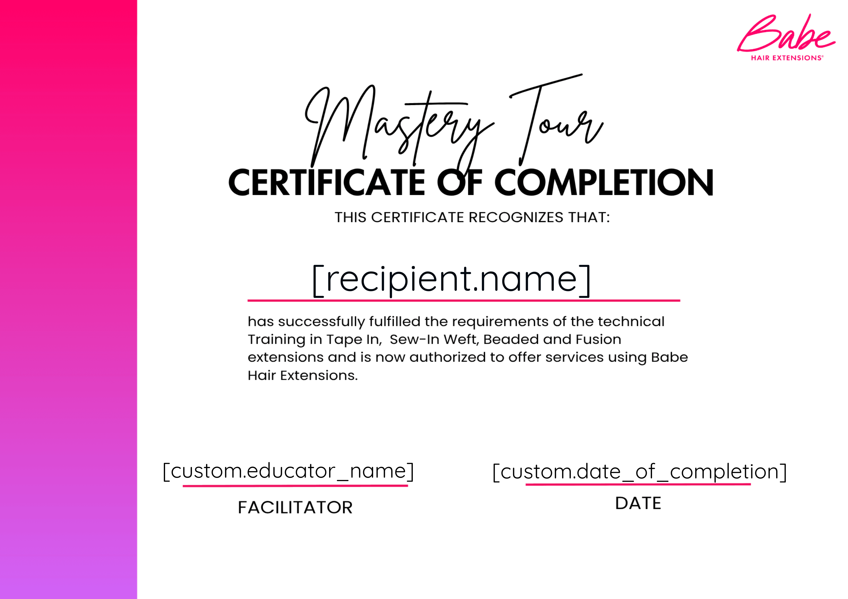 Babe Mastery Tour  certificate