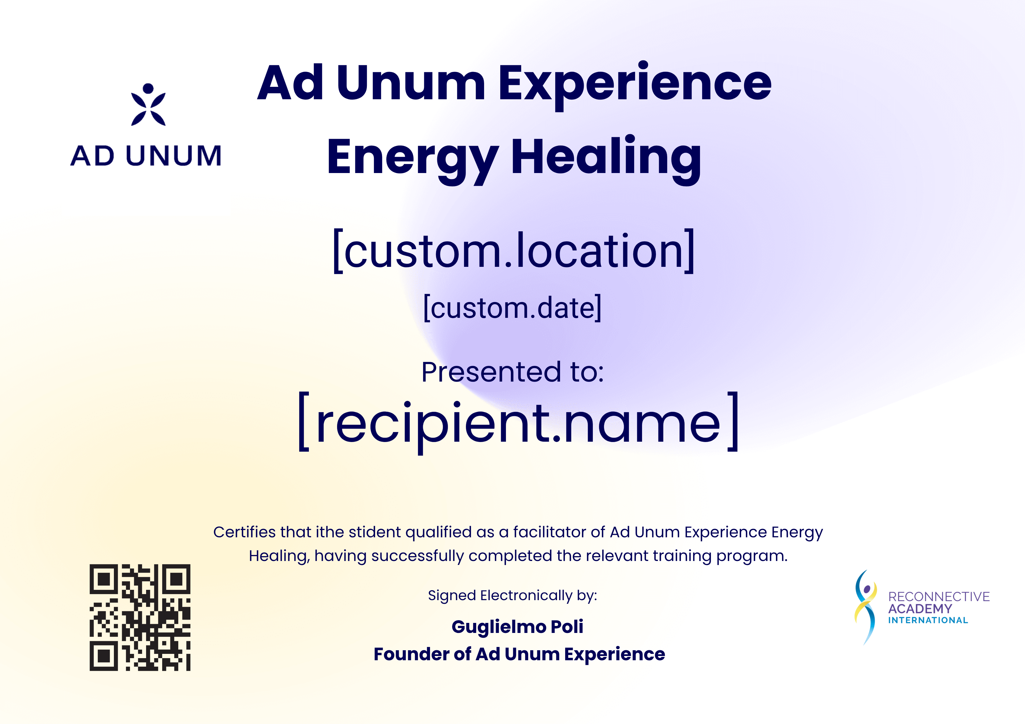Ad Unum Experience Energy Healing certificate