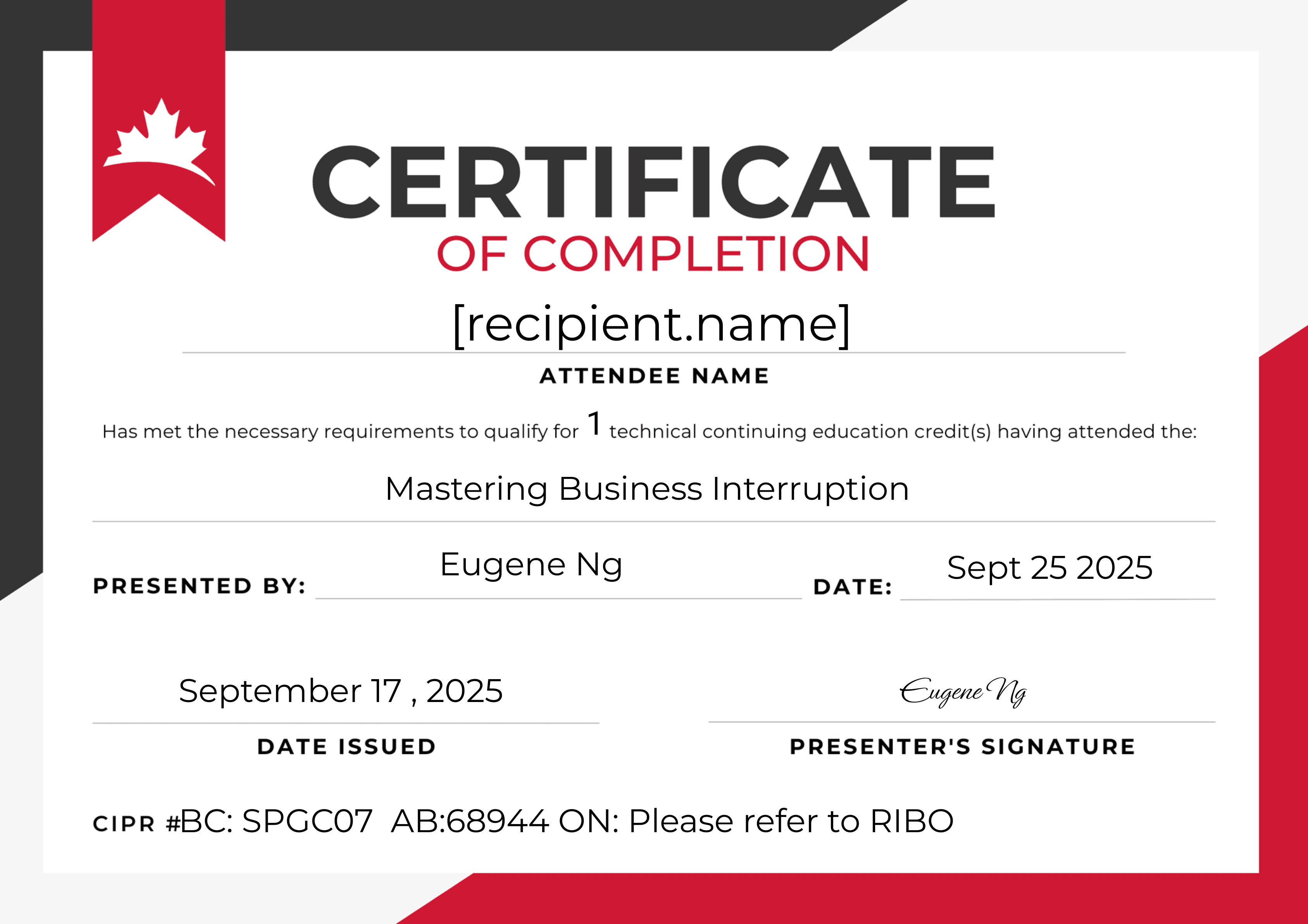 National Business Interruption Webinar Presented by Speciality Program Group Canada certificate