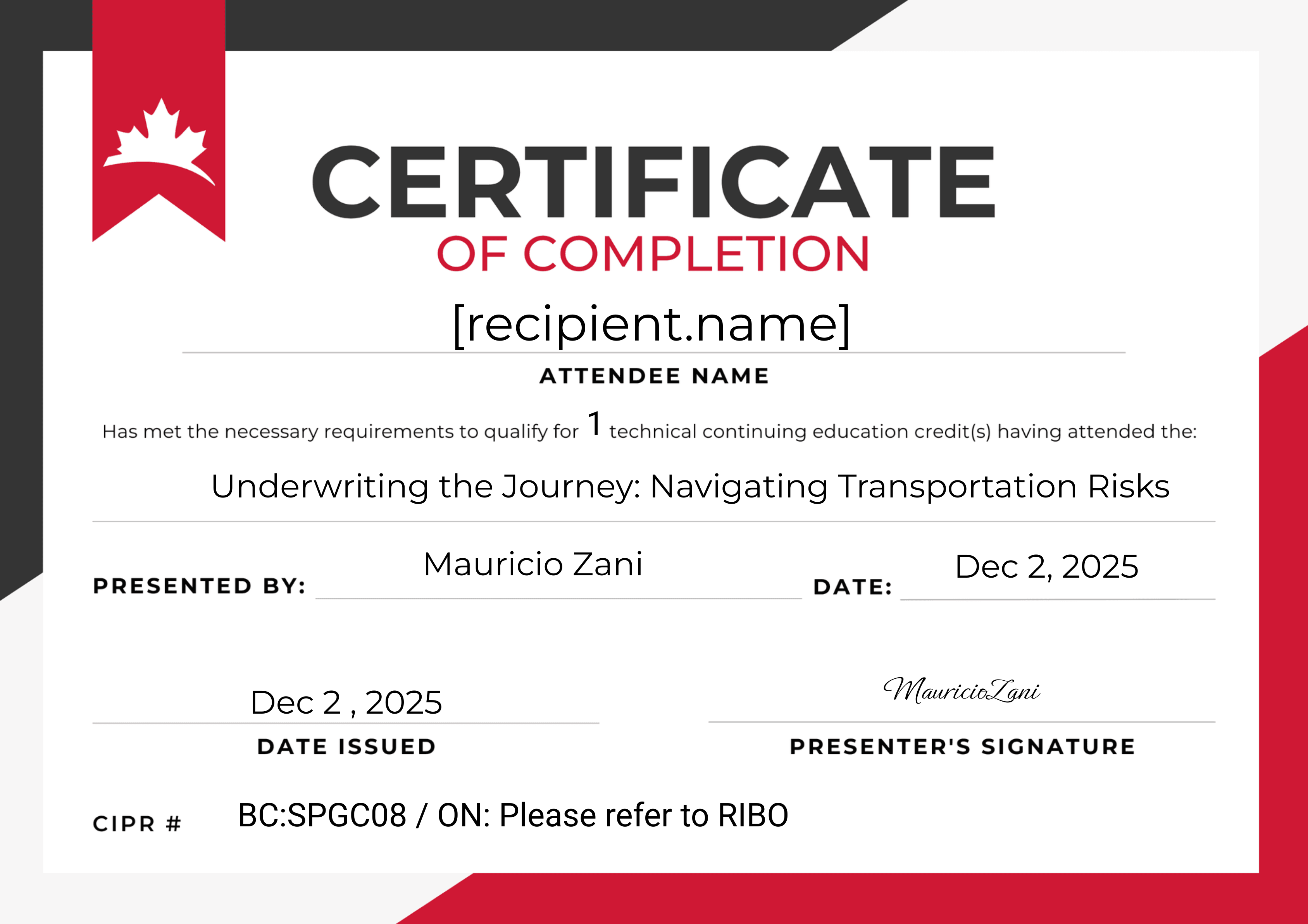 SPG Canada Presents: Transportation By Cansure - Your Accredited Certificate certificate