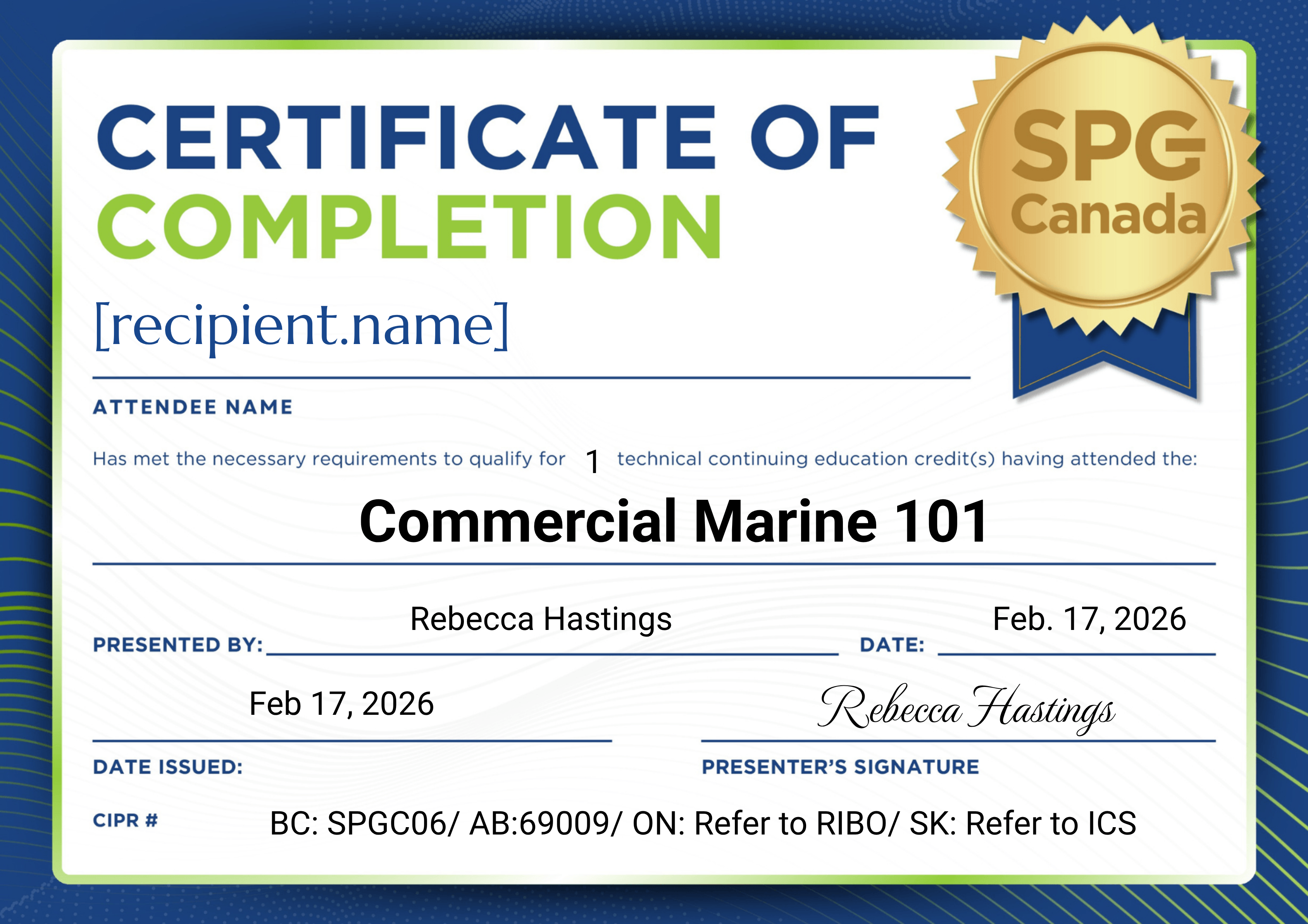 Commercial Marine Webinar Hosted by SPG Canada certificate