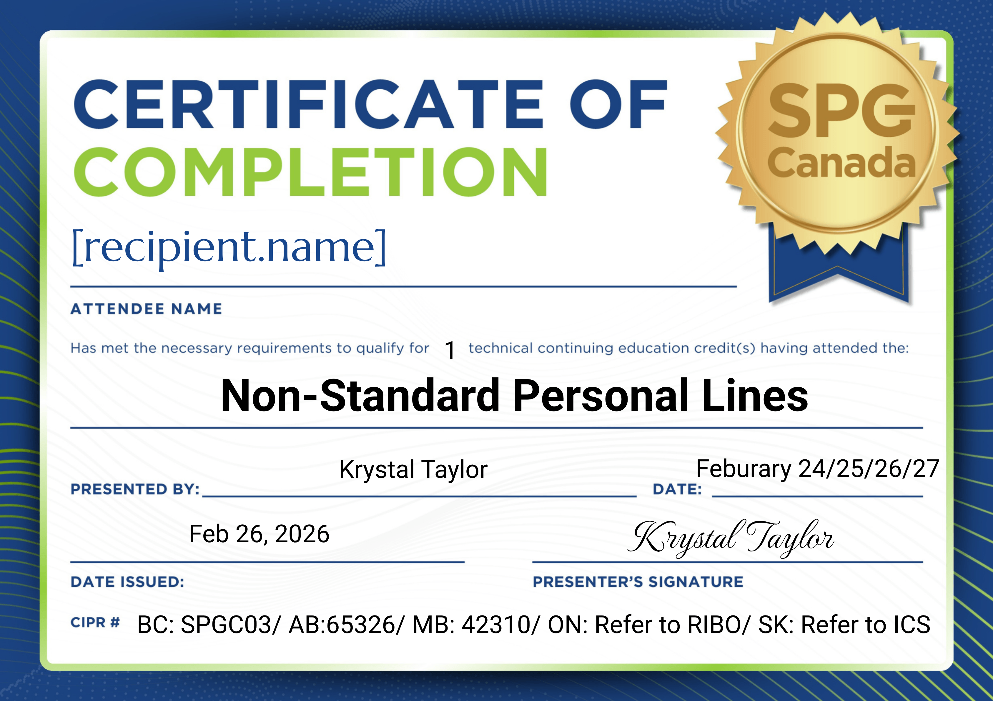 SPG Canada Presents: Non-Standard Personal Lines Webinar certificate