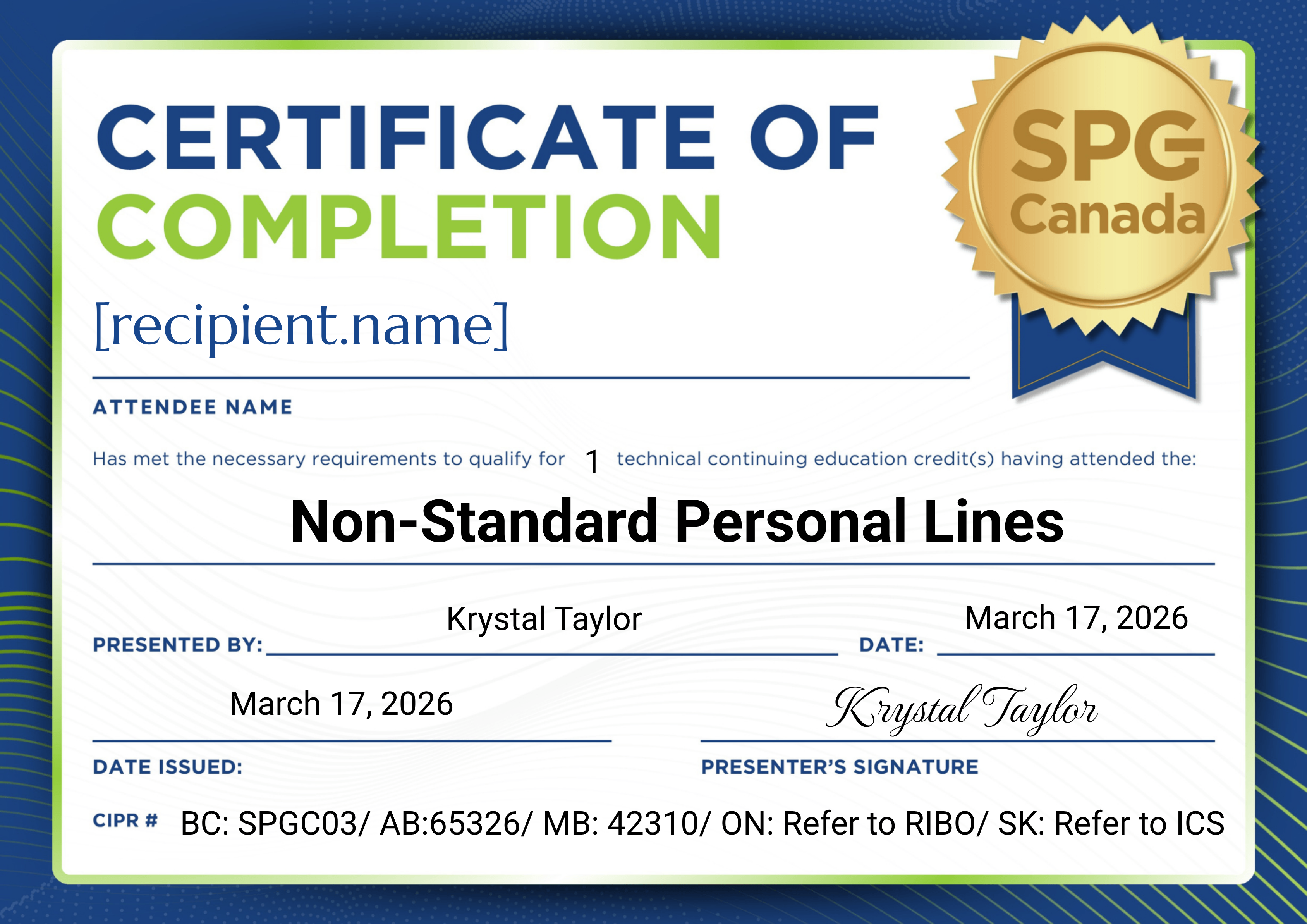 Westland Non-standard Personal Lines Attended on March 17, 2026 certificate