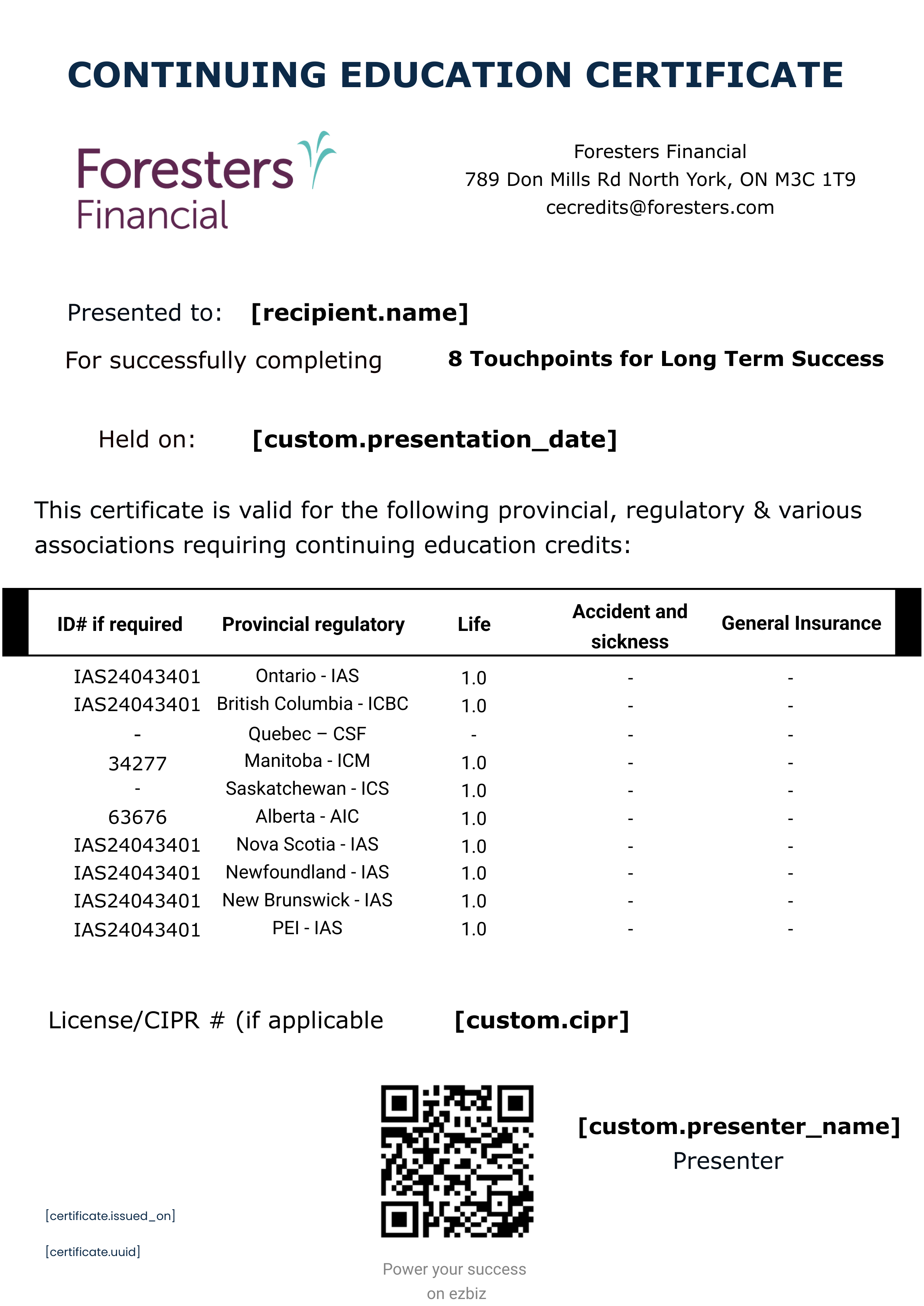 8 Touchpoints for Long Term Success certificate