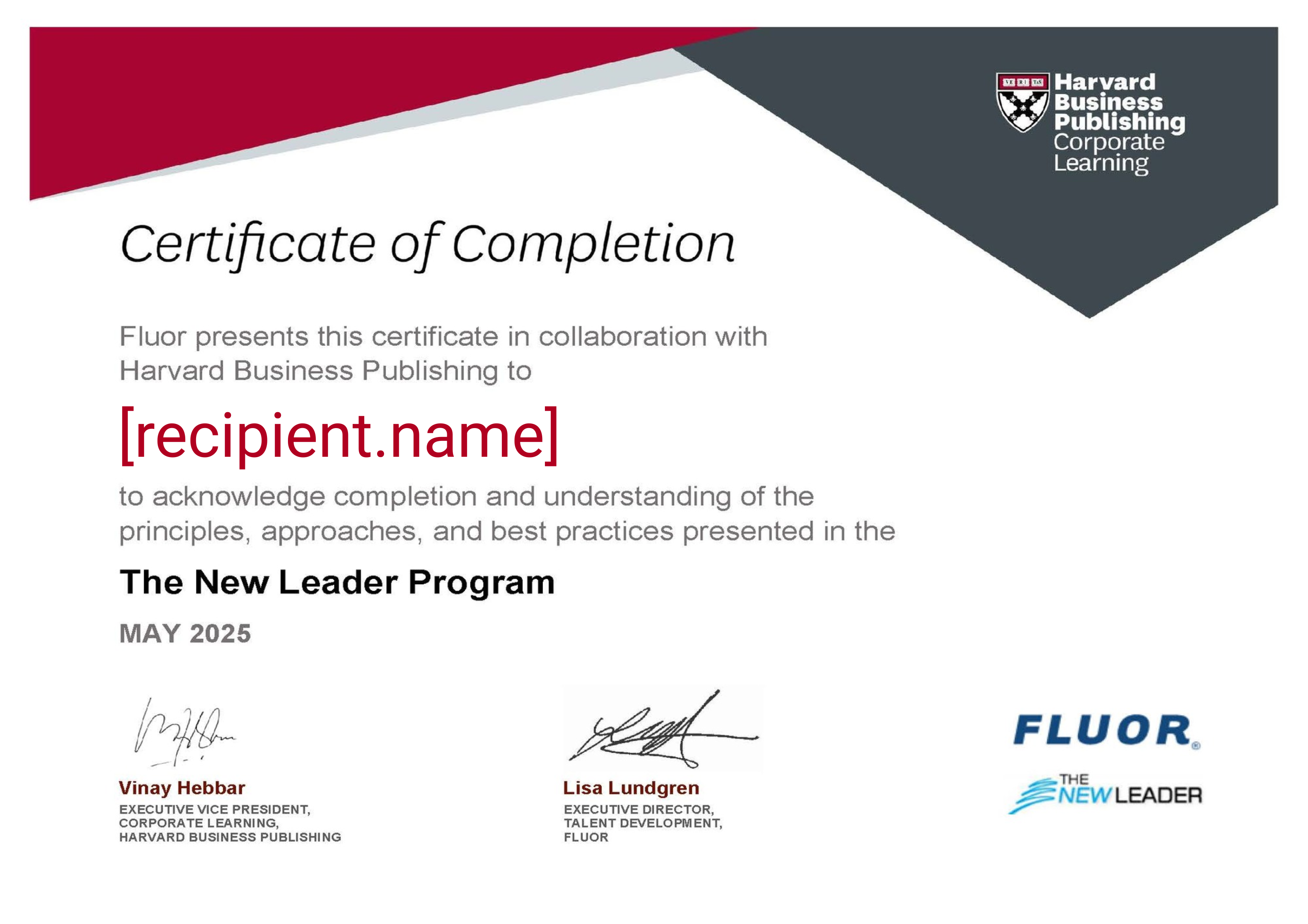 Fluor The New Leader Program certificate