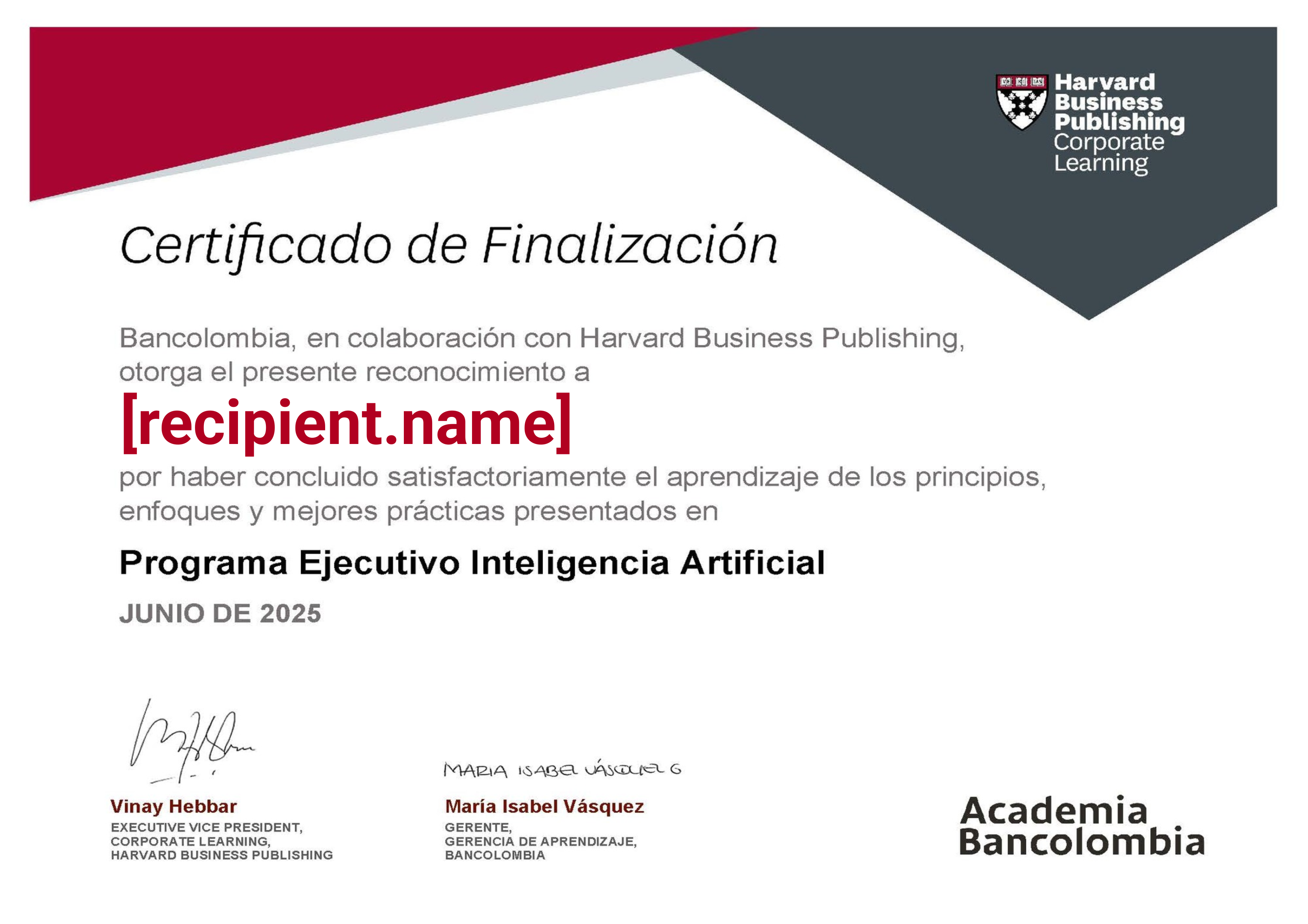Bancolombia Programa Ejecutivo Inteligencia Artificial certificate