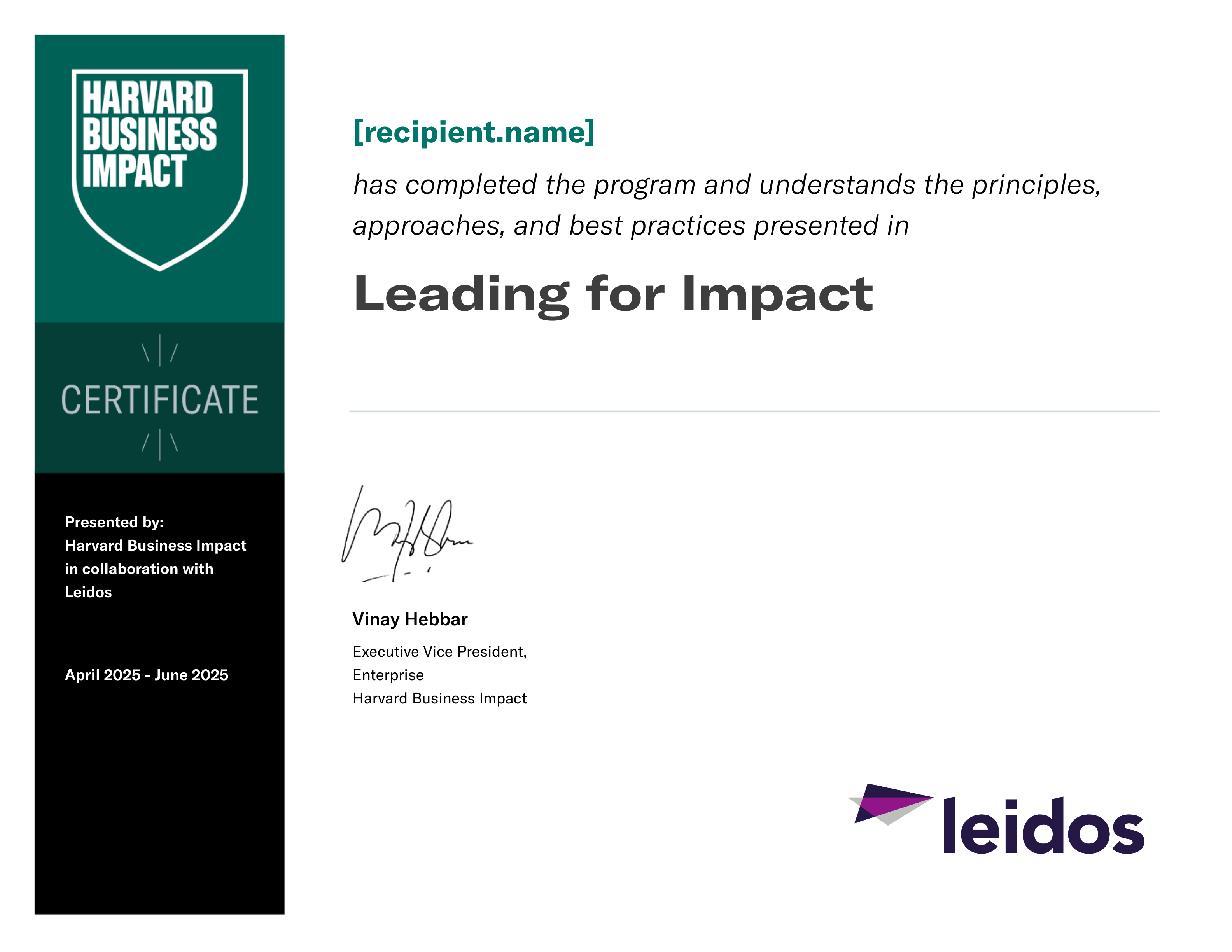 Leidos Leading for Impact certificate