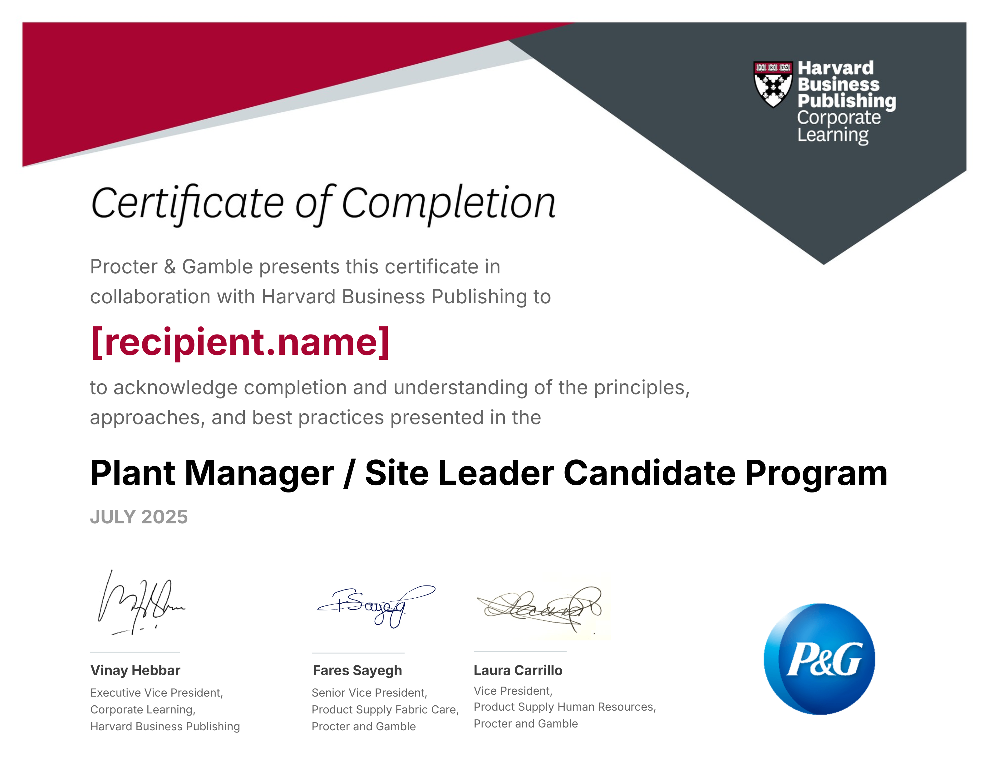 P&G Plant Manager / Site Leader Candidate Program certificate