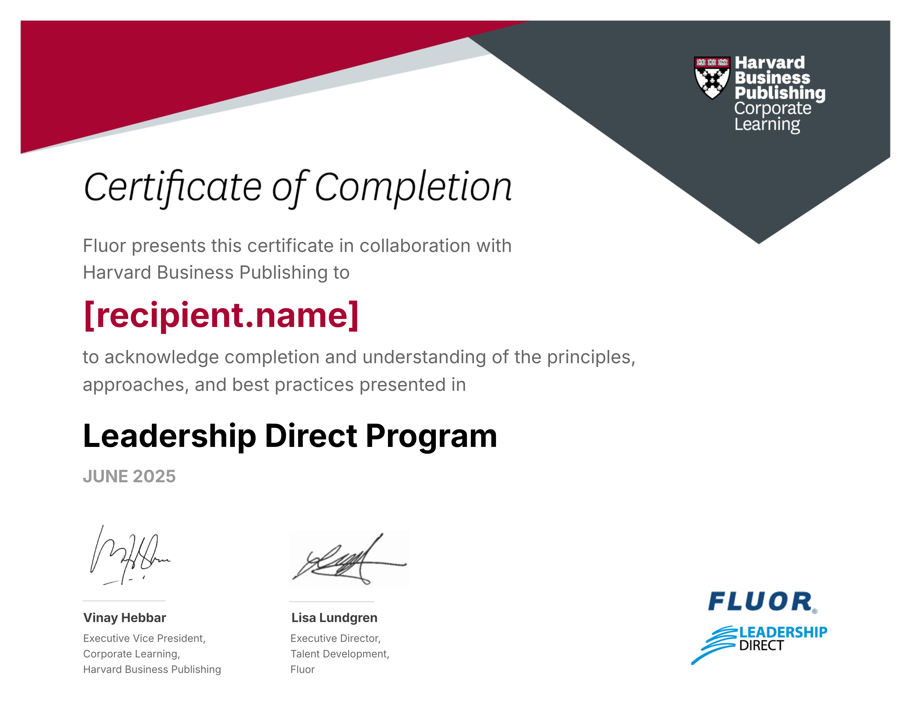 Fluor Leadership Direct Program certificate