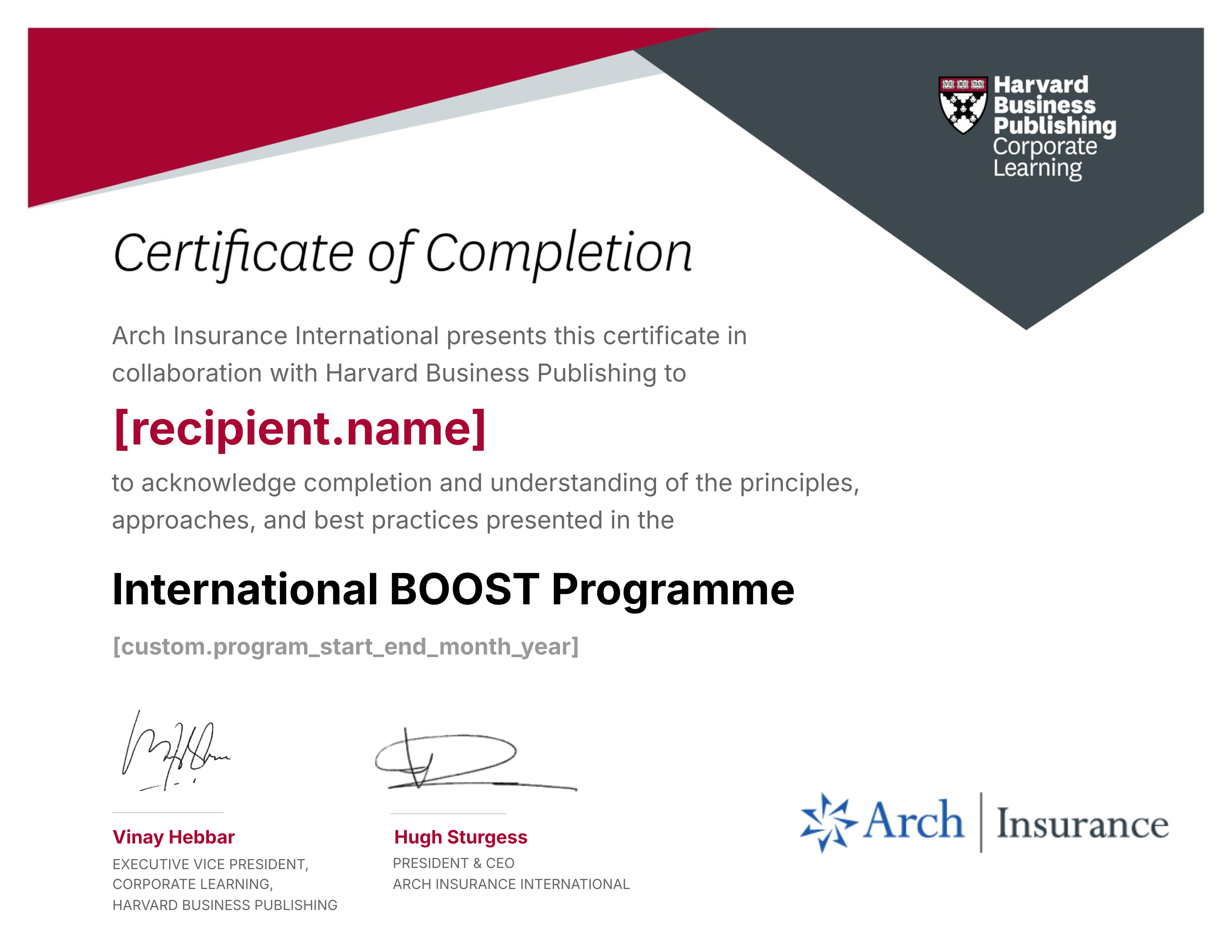 Arch Insurance International Boost Programme certificate