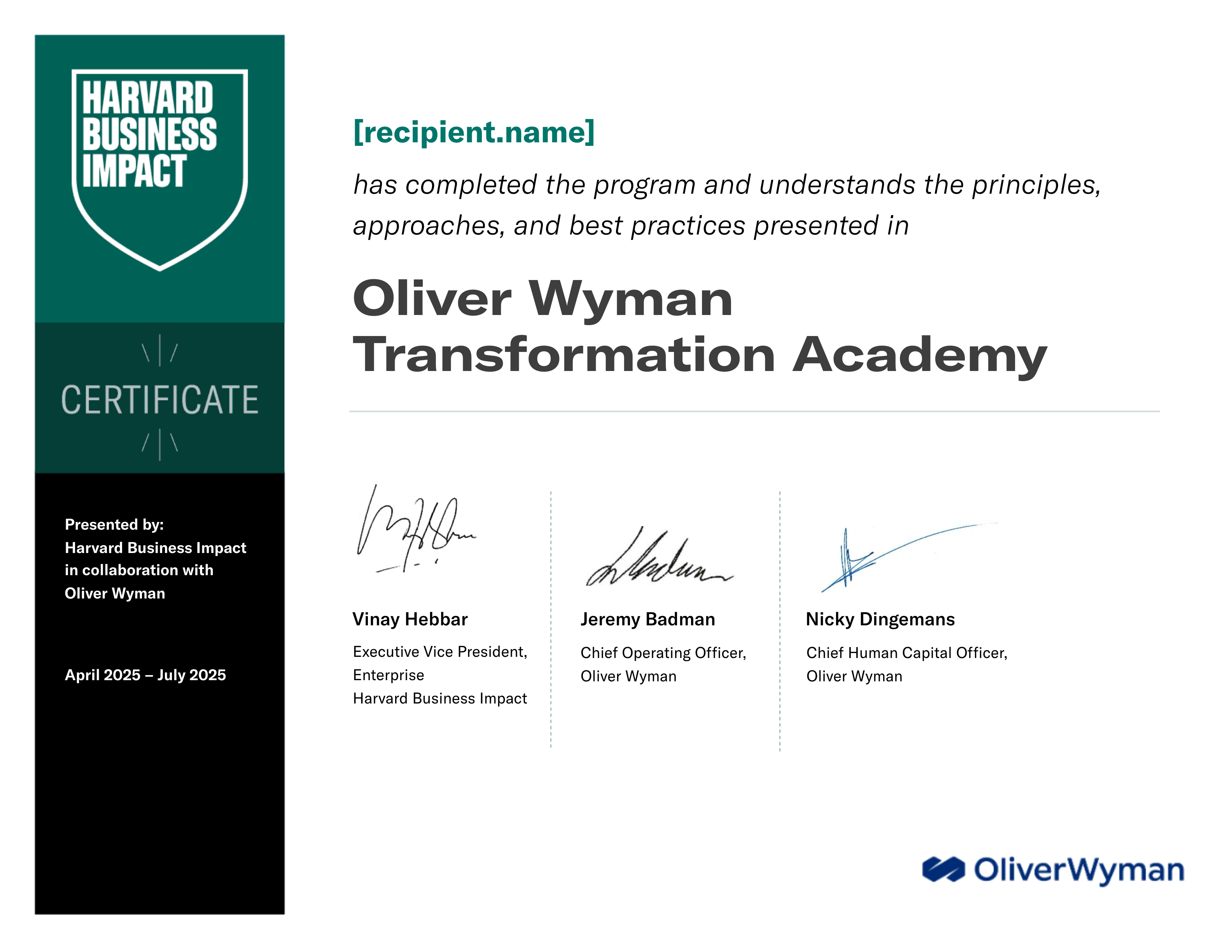 Oliver Wyman Transformation Academy certificate