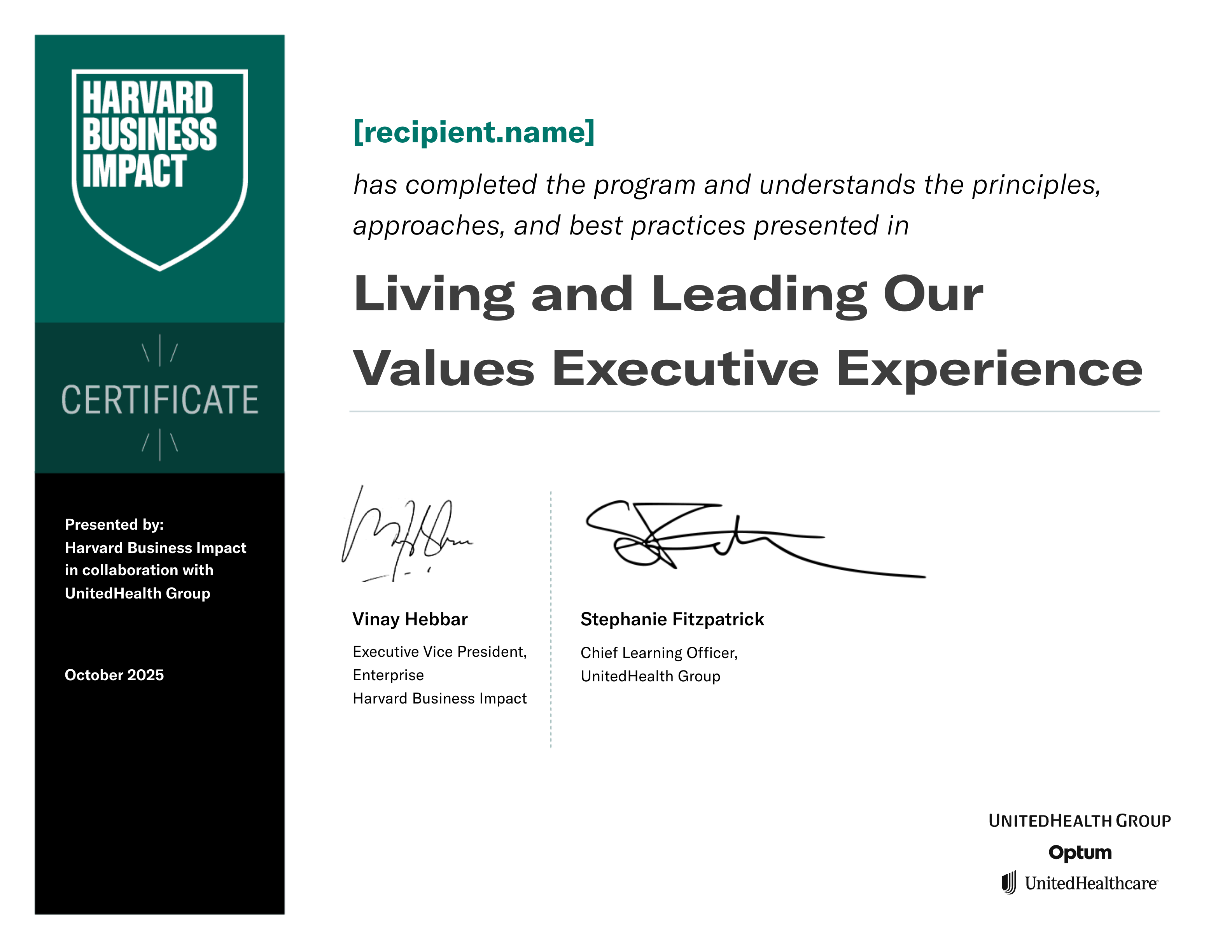UnitedHealth Living and Leading Our Values Executive Experience certificate