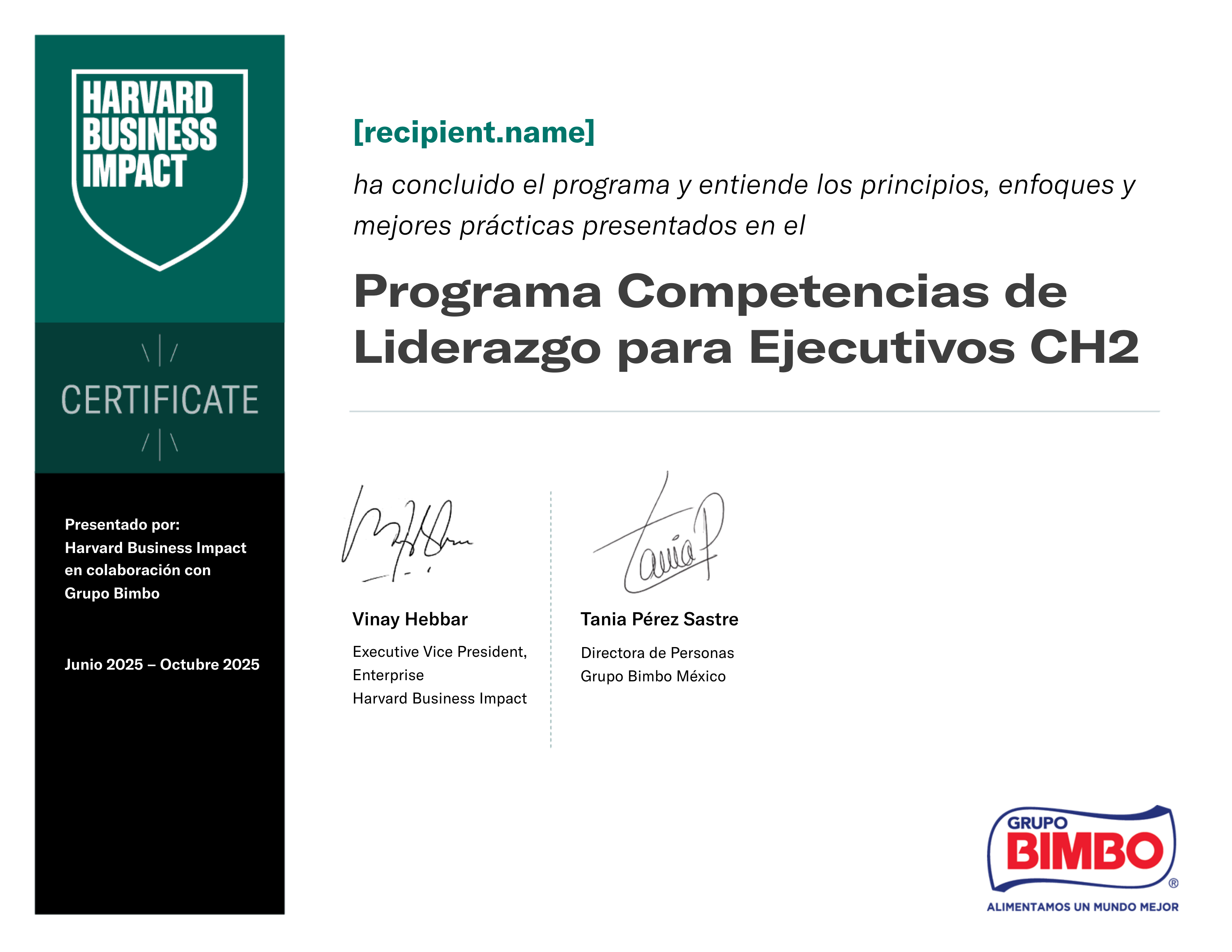 Grupo Bimbo Programa Competencias de Liderazgo para Ejecutivos CH2 certificate