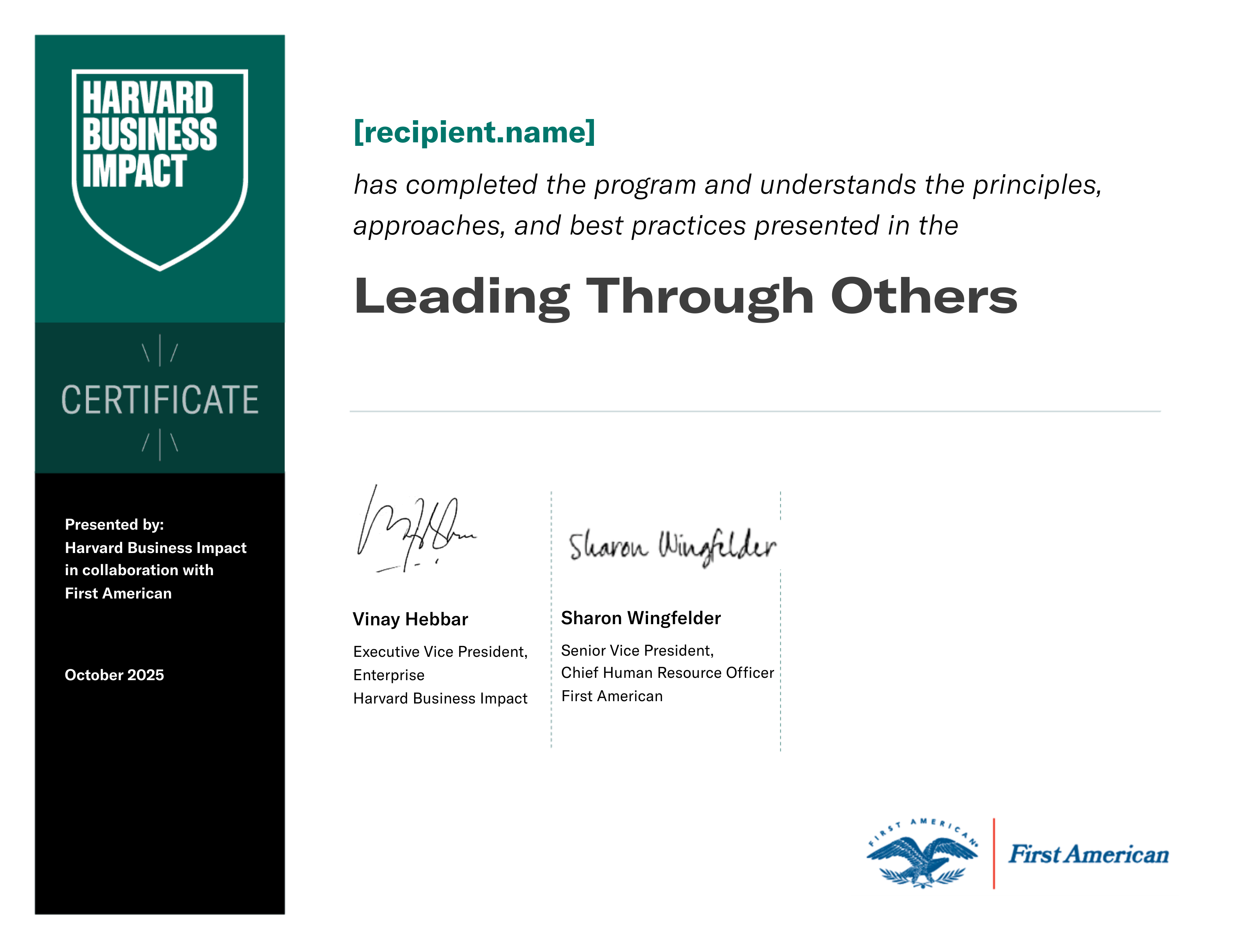 First American Leading Through Others certificate
