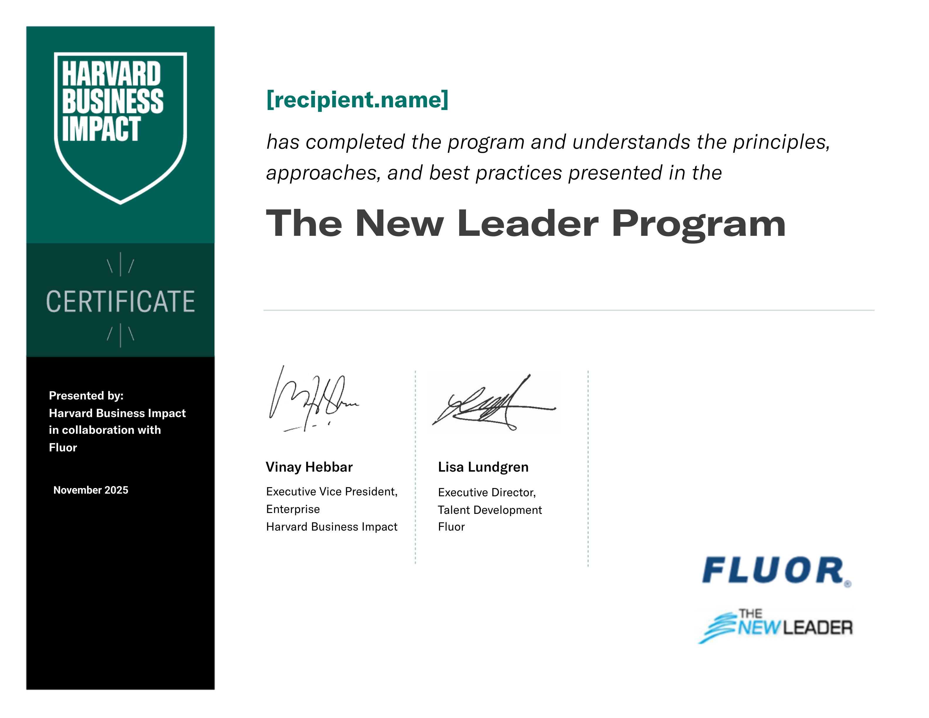 Fluor The New Leader Program 2025 certificate