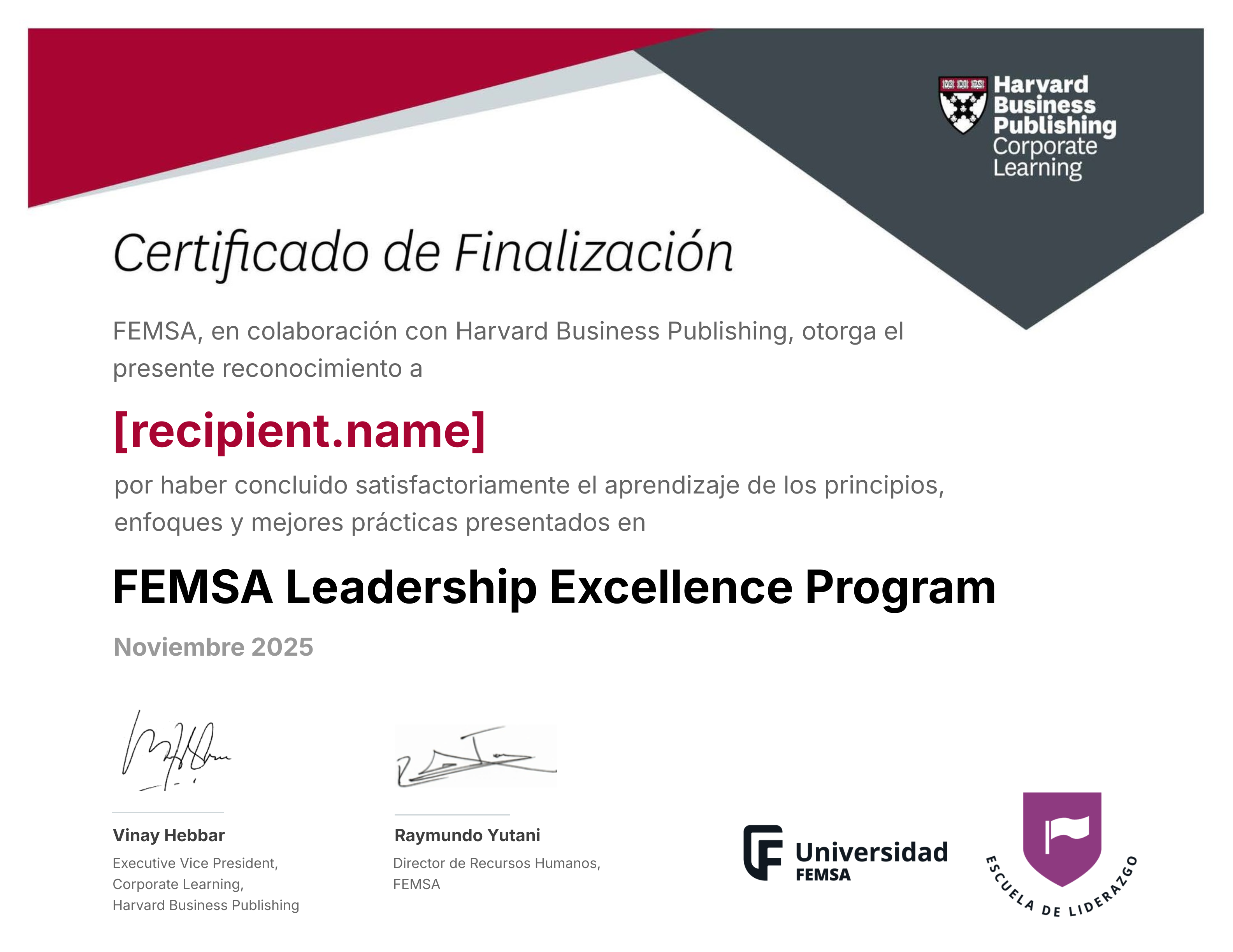 FEMSA Leadership Excellence Program 2025 certificate