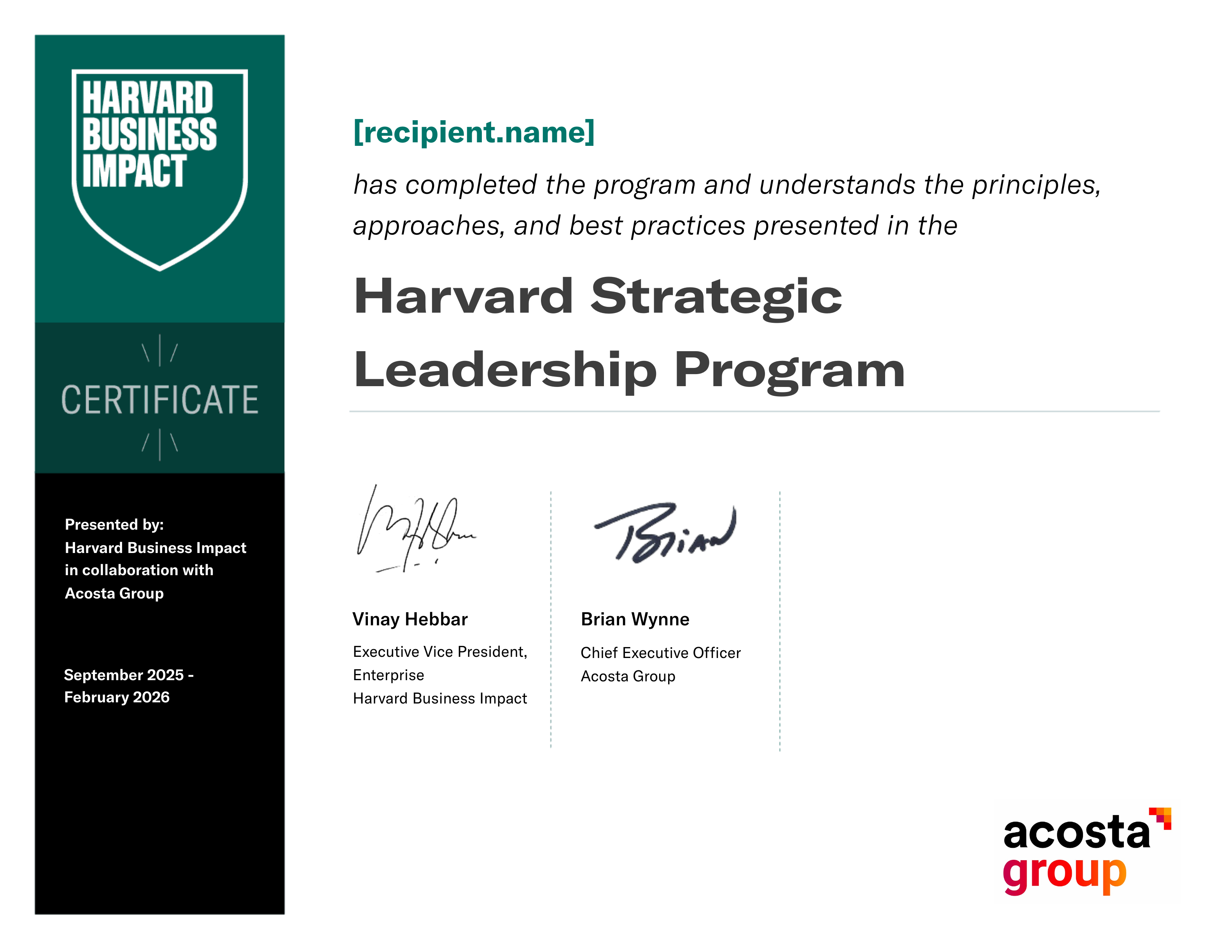Acosta Harvard Strategic Leadership Program Cohort 2 certificate