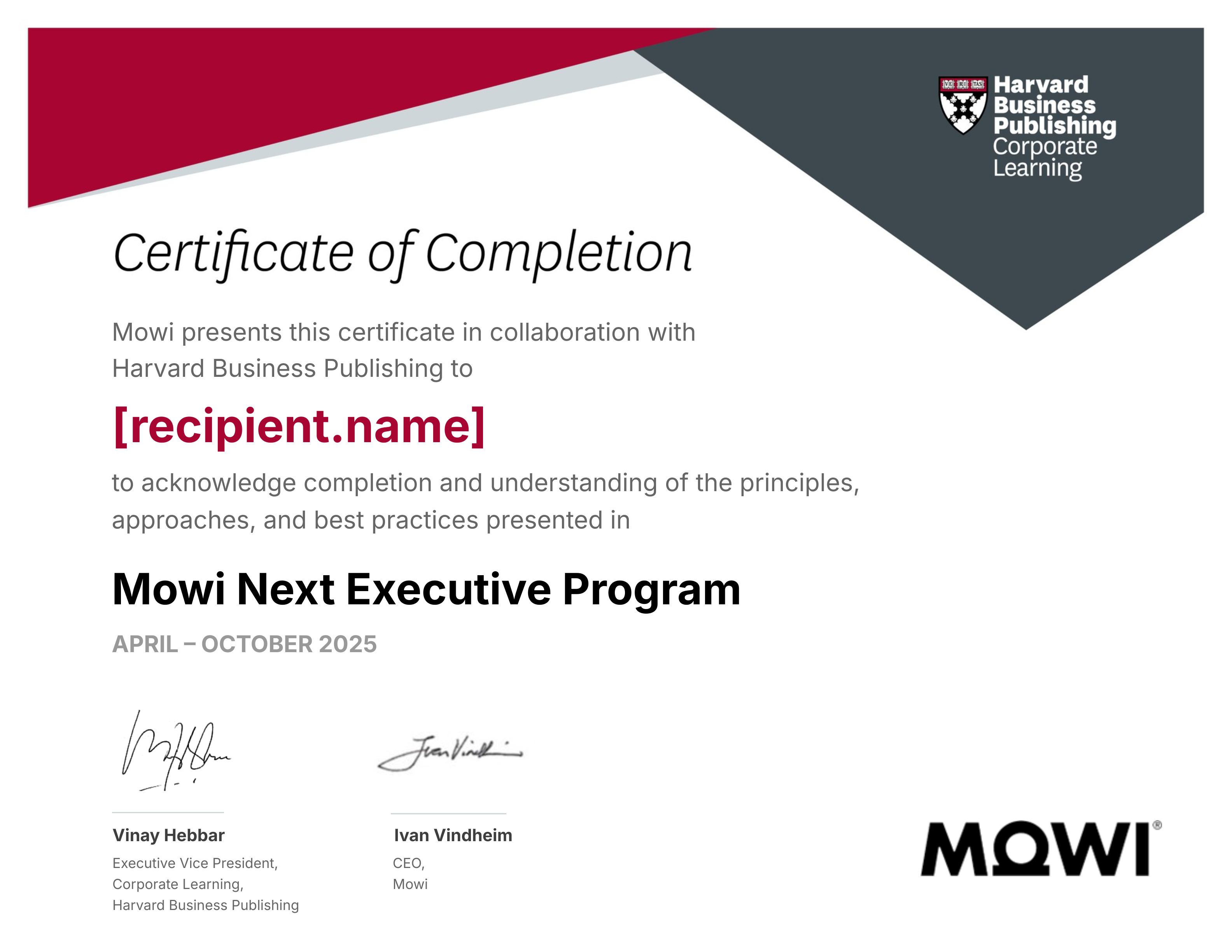 Mowi Next Executive Program certificate