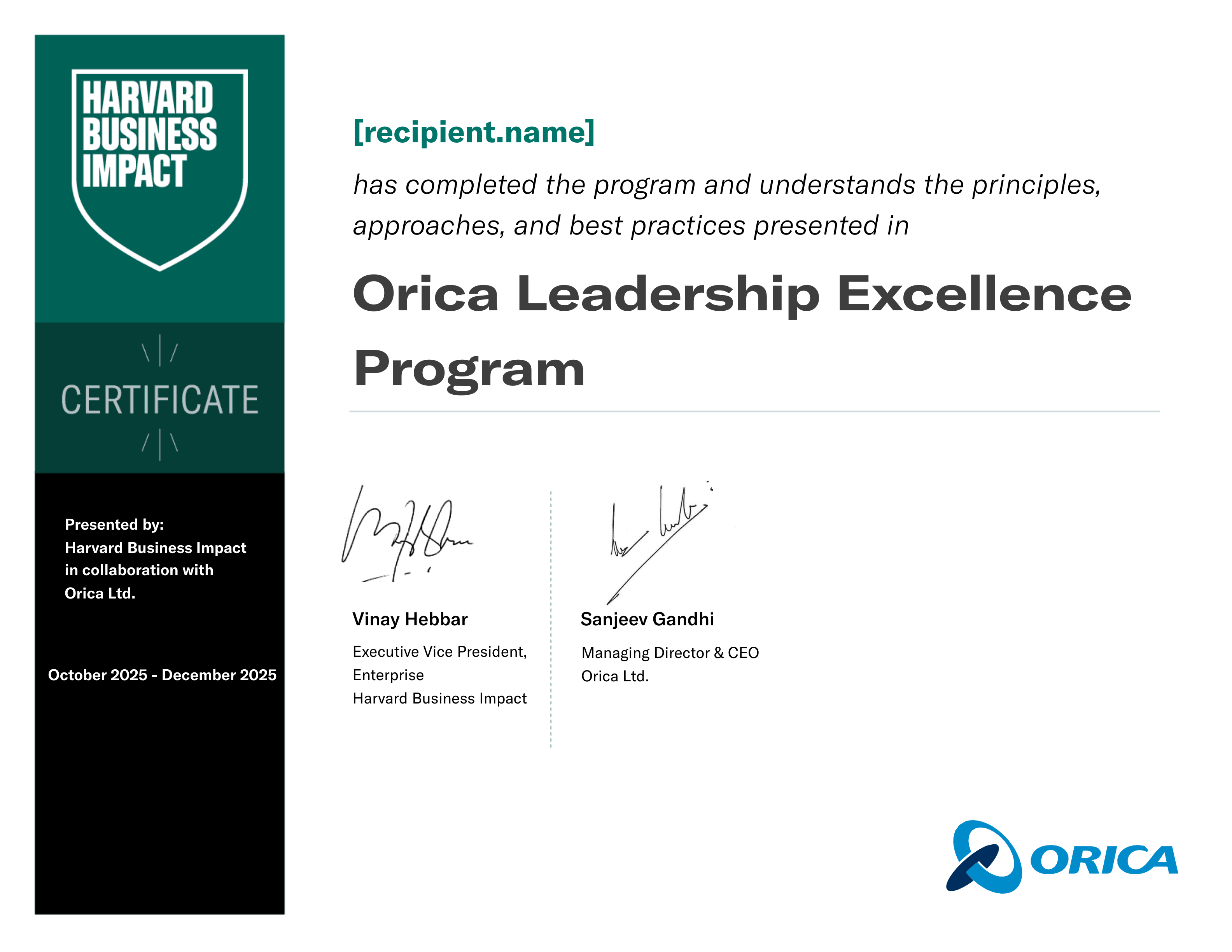 Orica Leadership Excellence Program certificate
