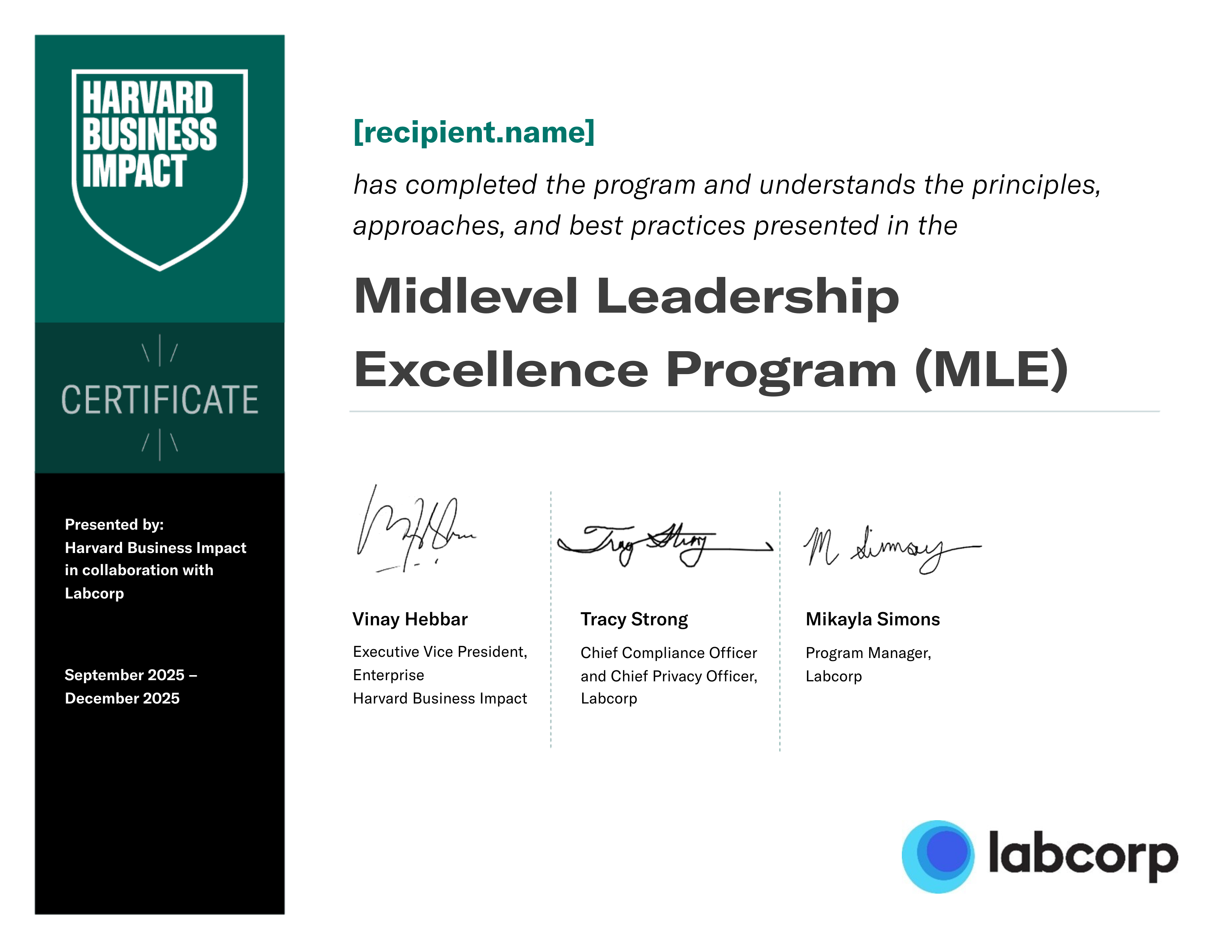 Labcorp Mid-Level Leadership Excellence Program certificate