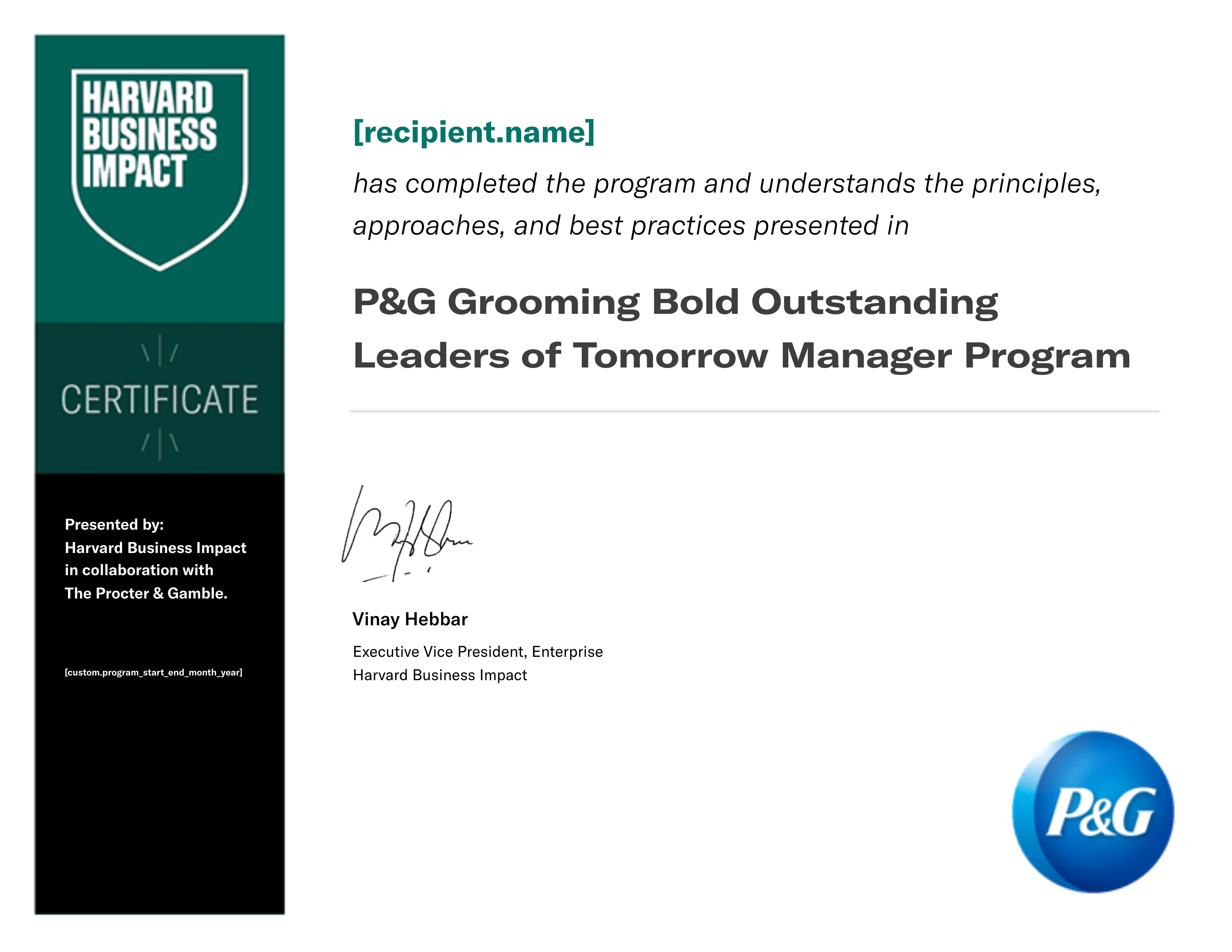 P&G Grooming Bold Outstanding Leaders of Tomorrow Manager Program certificate