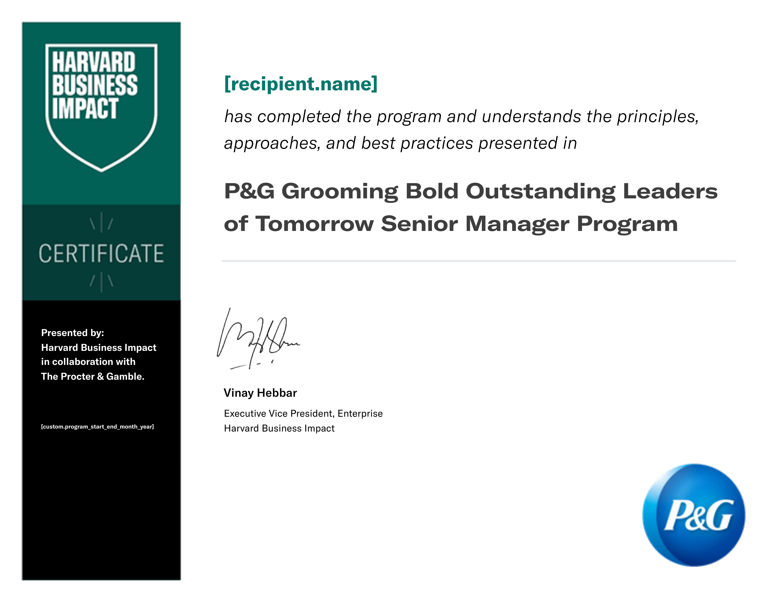 P&G Grooming Bold Outstanding Leaders of Tomorrow Senior Manager Program certificate