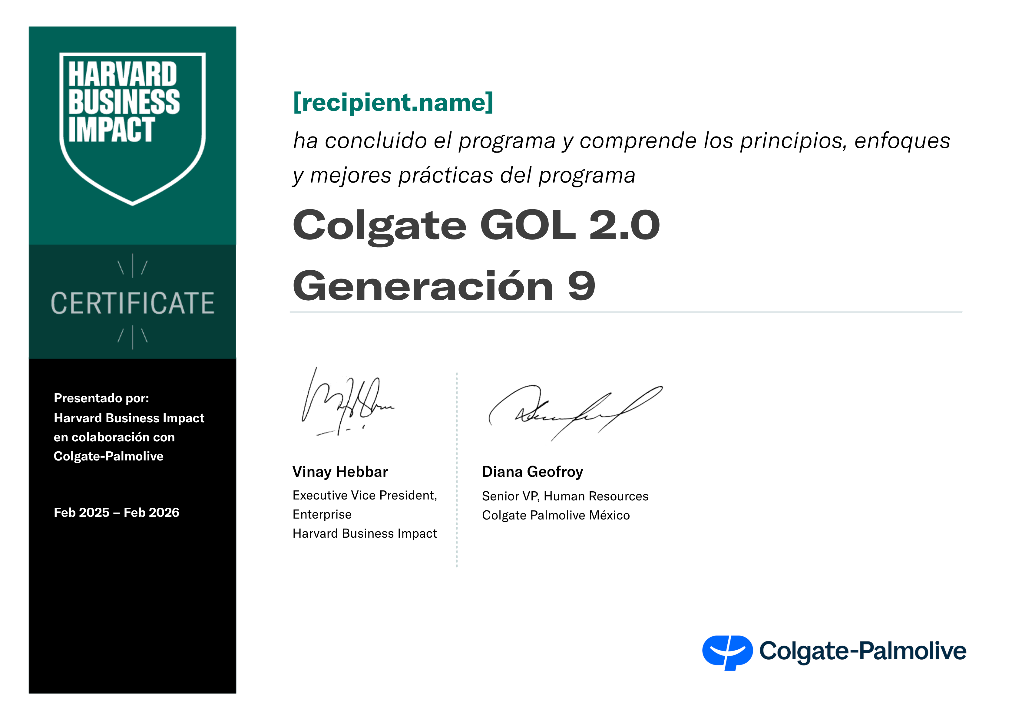 Colgate GOL 2.0 Generación 9 certificate